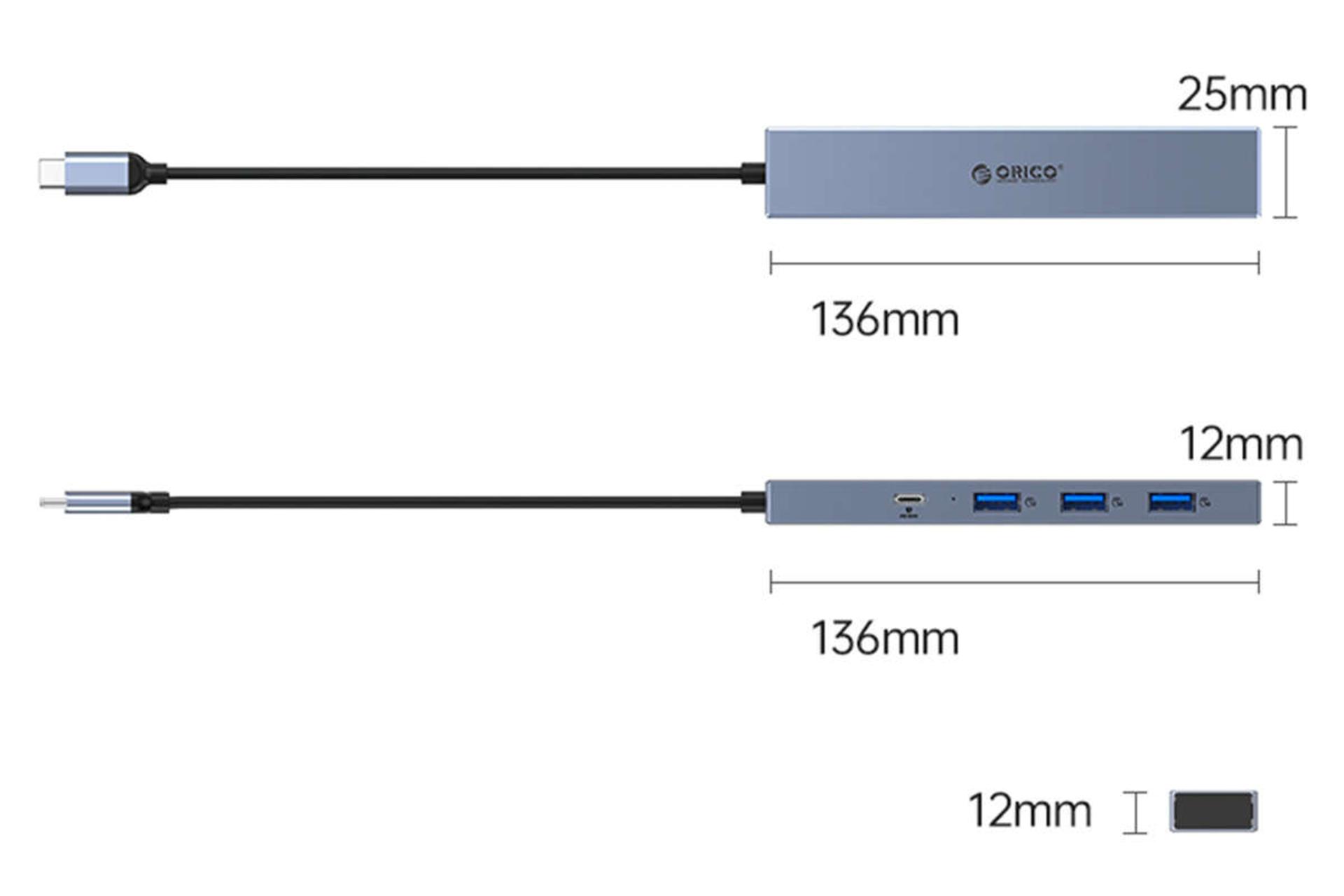 ابعاد و اندازه هاب USB-C اوریکو 4 پورت مدل DHY-3U1C