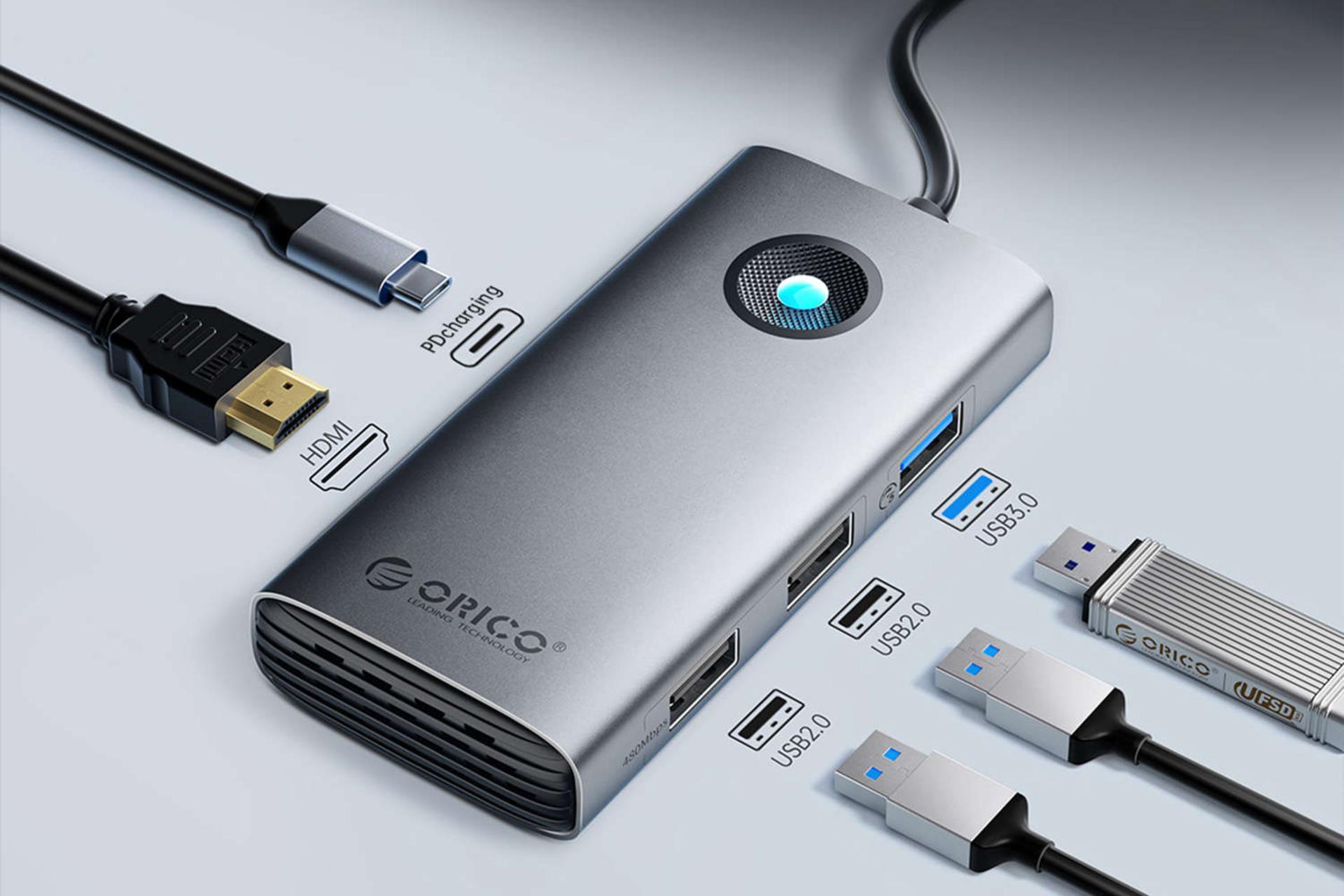 درگاه HDMI هاب USB-C اوریکو 6 پورت مدل PW11-6PR