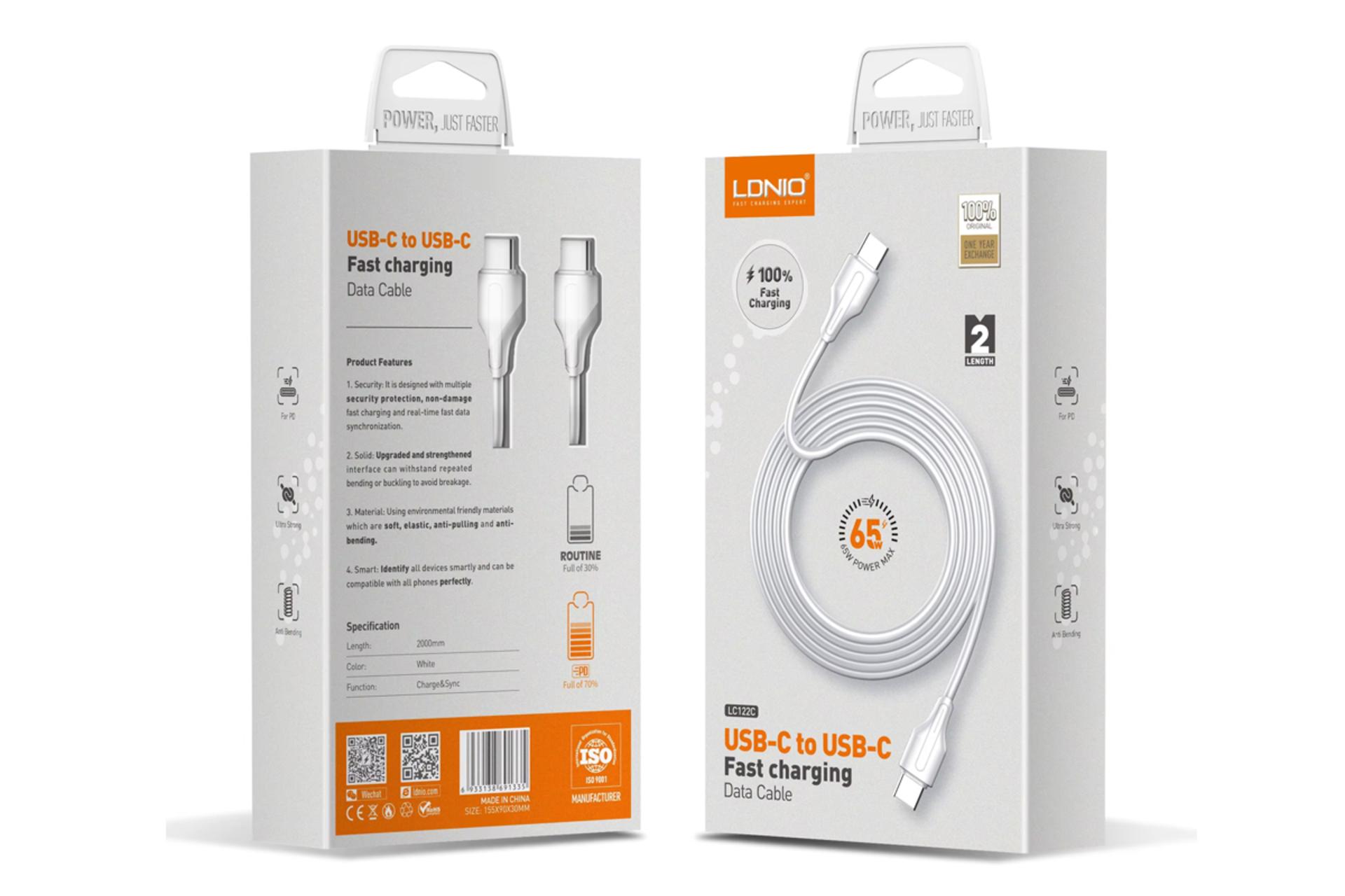 جعبه کابل شارژ USB الدینیو Type-C به Type-C مدل LC122-C با طول 2 متر