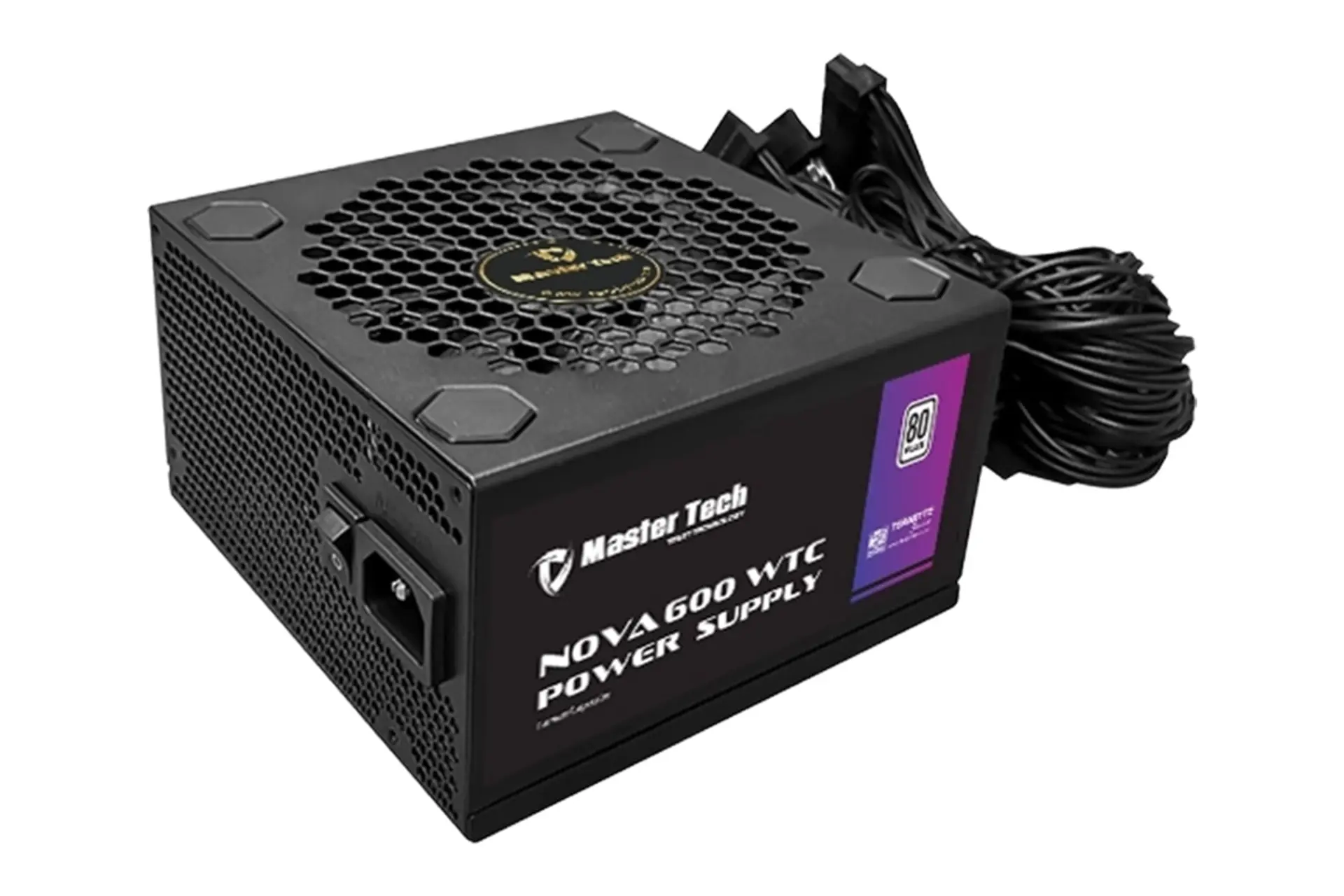 نمای نیمرخ پاور کامپیوتر مستر تک NOVA 600 WTC با توان 600 وات با نمایش پنل کناری، پشت و بالا