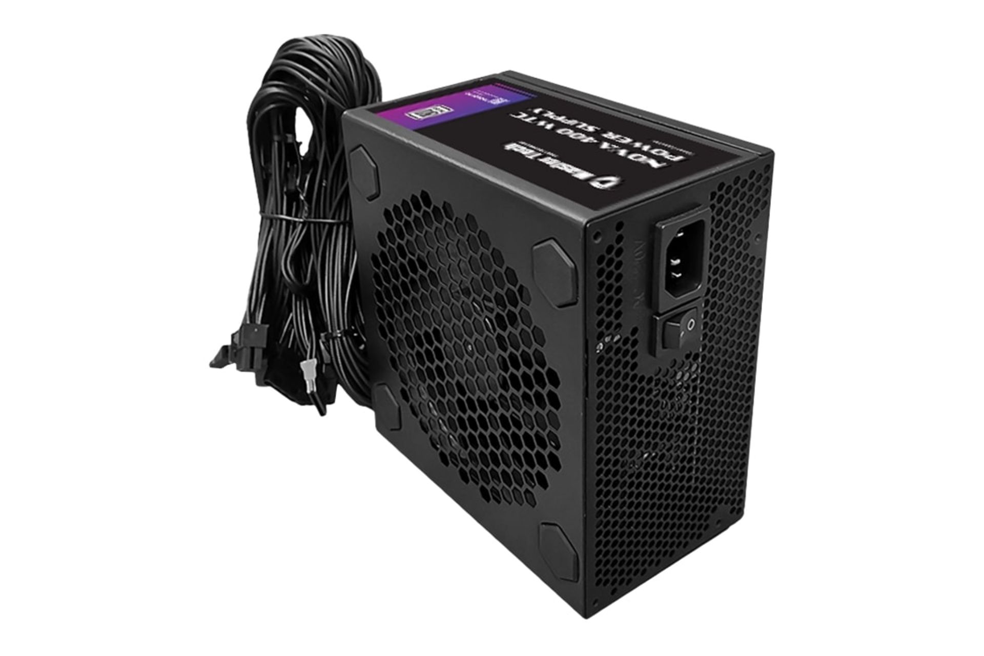 نمای نیمرخ پاور کامپیوتر مستر تک NOVA 400 WTC با توان 400 وات با نمایش پنل پشت و بالا، فن و لوگو