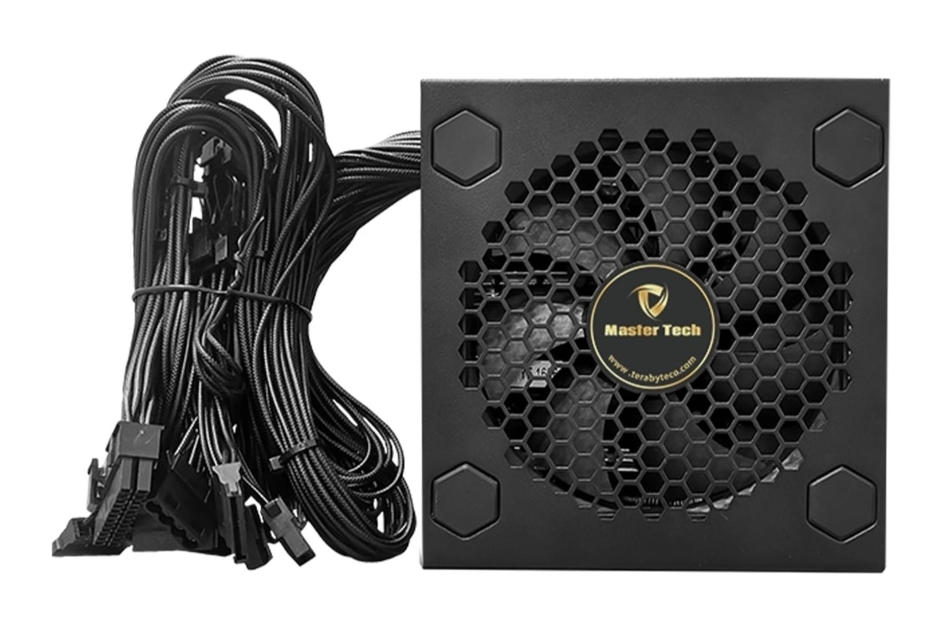 نمای پنل بالای پاور کامپیوتر مستر تک NOVA 400 WTC با توان 400 وات با نمایش فن، لوگو و کابل‌ها