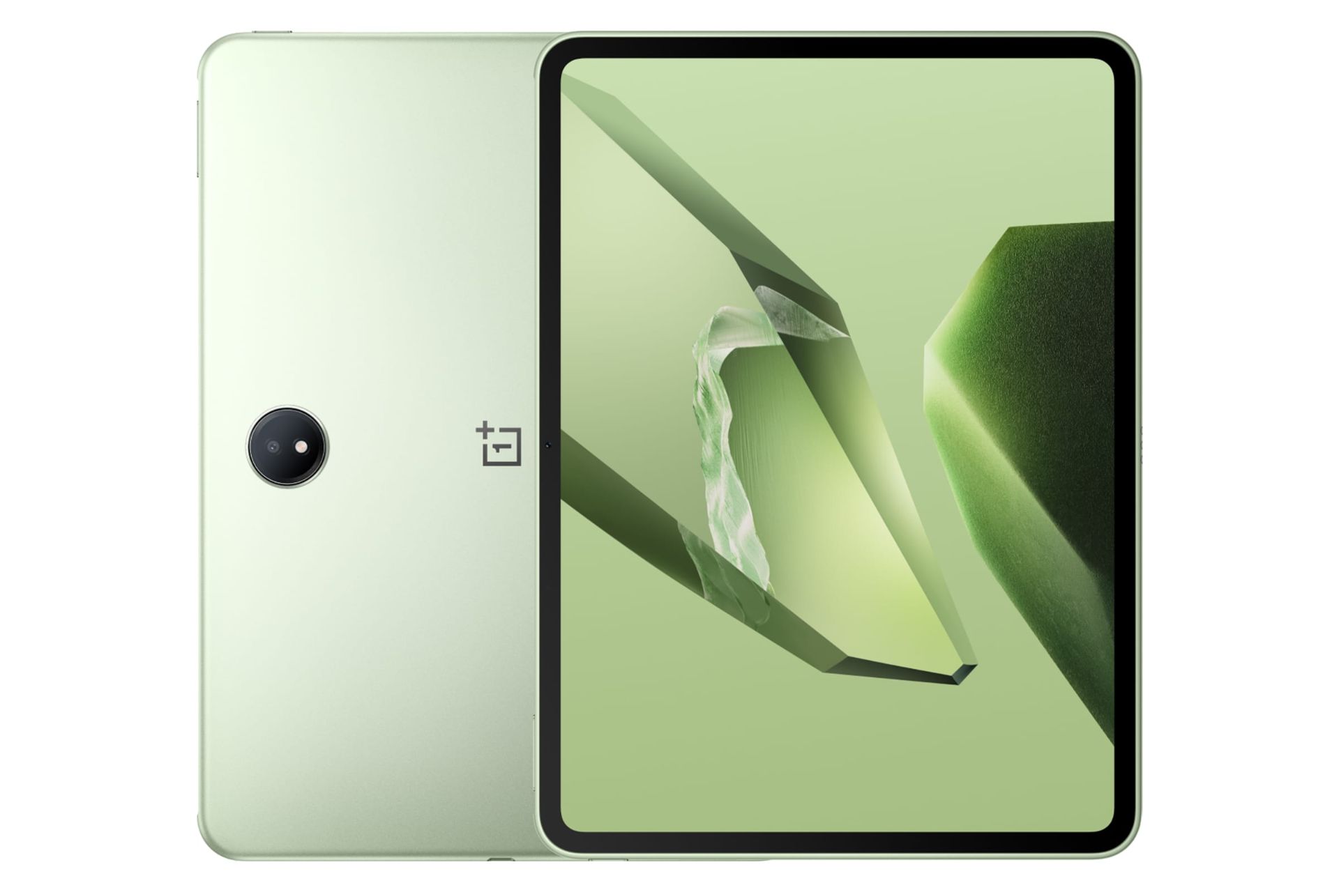 نمای کلی تبلت وان پلاس پد 3 / OnePlus Pad 3 با نمایشگر روشن و نمایش دوربین و لوگوی پنل پشت رنگ سبز