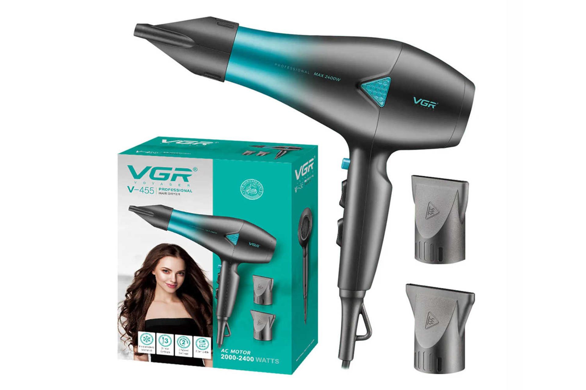 نمای سمت راست سشوار وی جی آر V-455 به همراه جعبه رنگ آبی