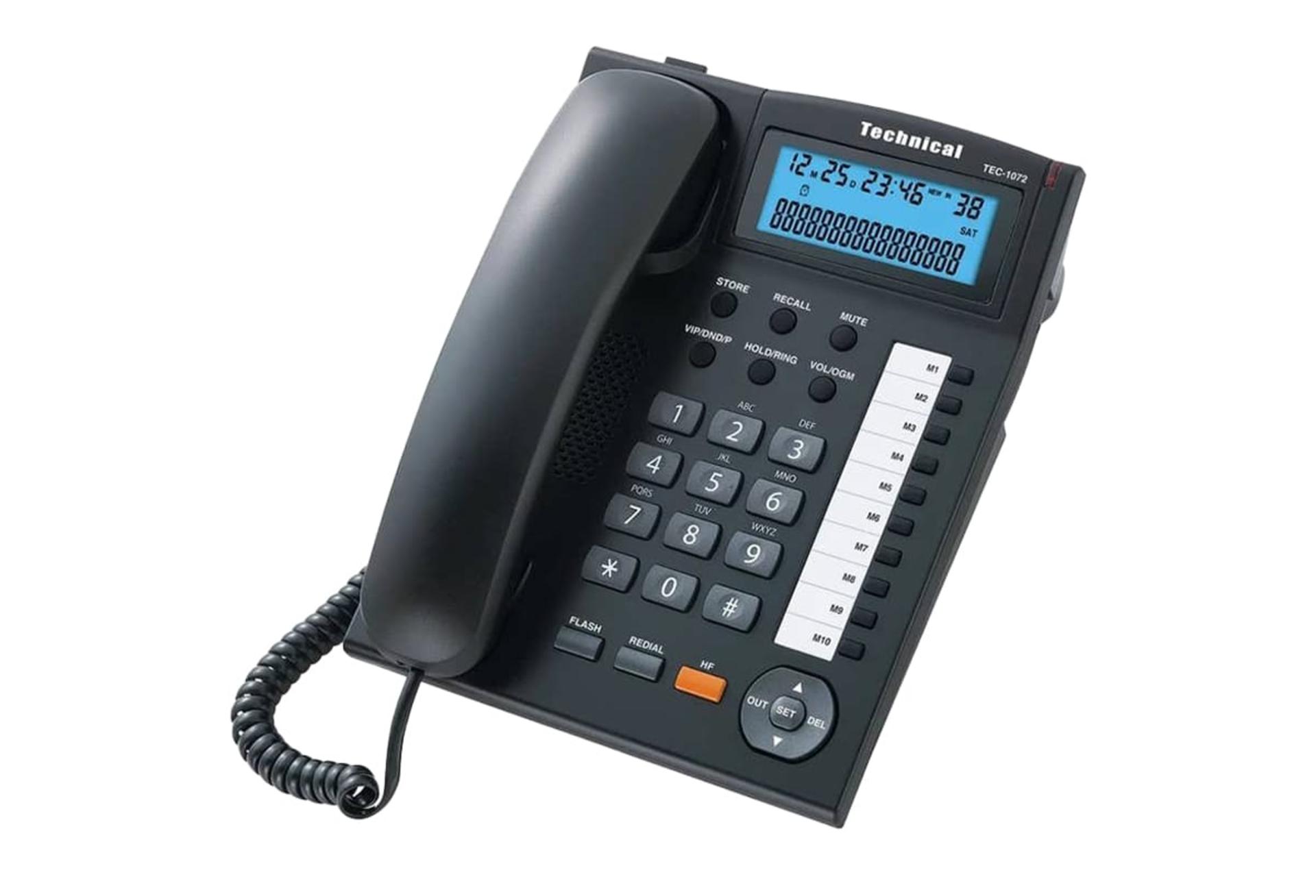 نمای نیمرخ تلفن تکنیکال TEC-1072 با نمایشگر روشن و نمایش صفحه کلید رنگ مشکی