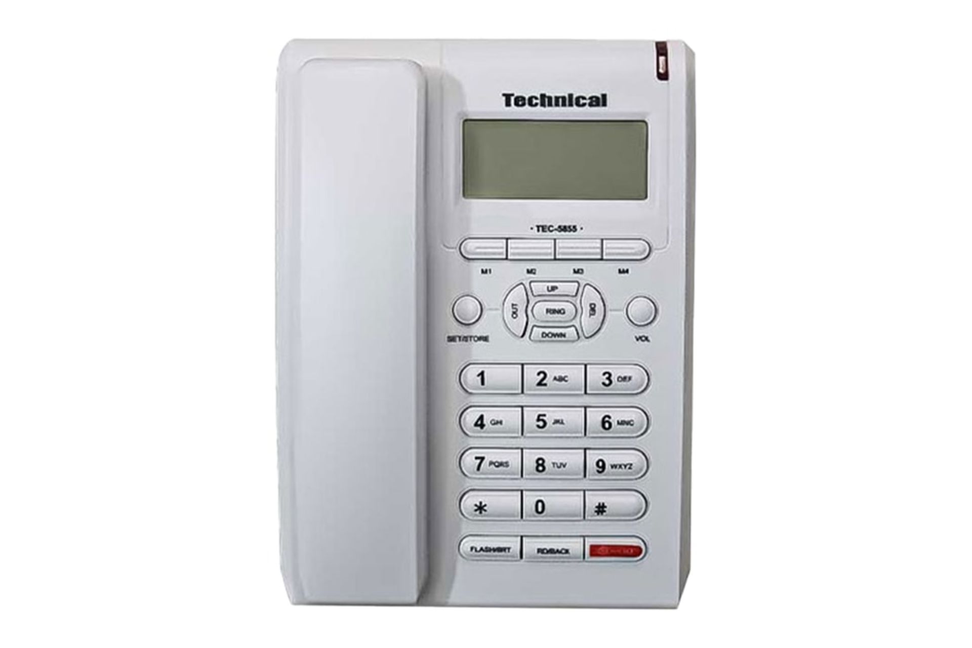 نمای بالای تلفن تکنیکال TEC-5855 با نمایش صفحه کلید و نمایشگر رنگ سفید