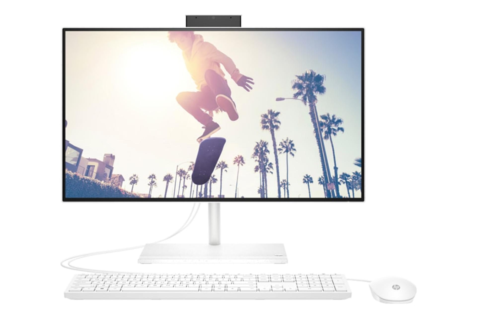 نمای روبه‌روی کامپیوتر همه‌کاره 24-cb1021nh اچ پی با نمایشگر روشن و نمایش ماوس و کیبورد