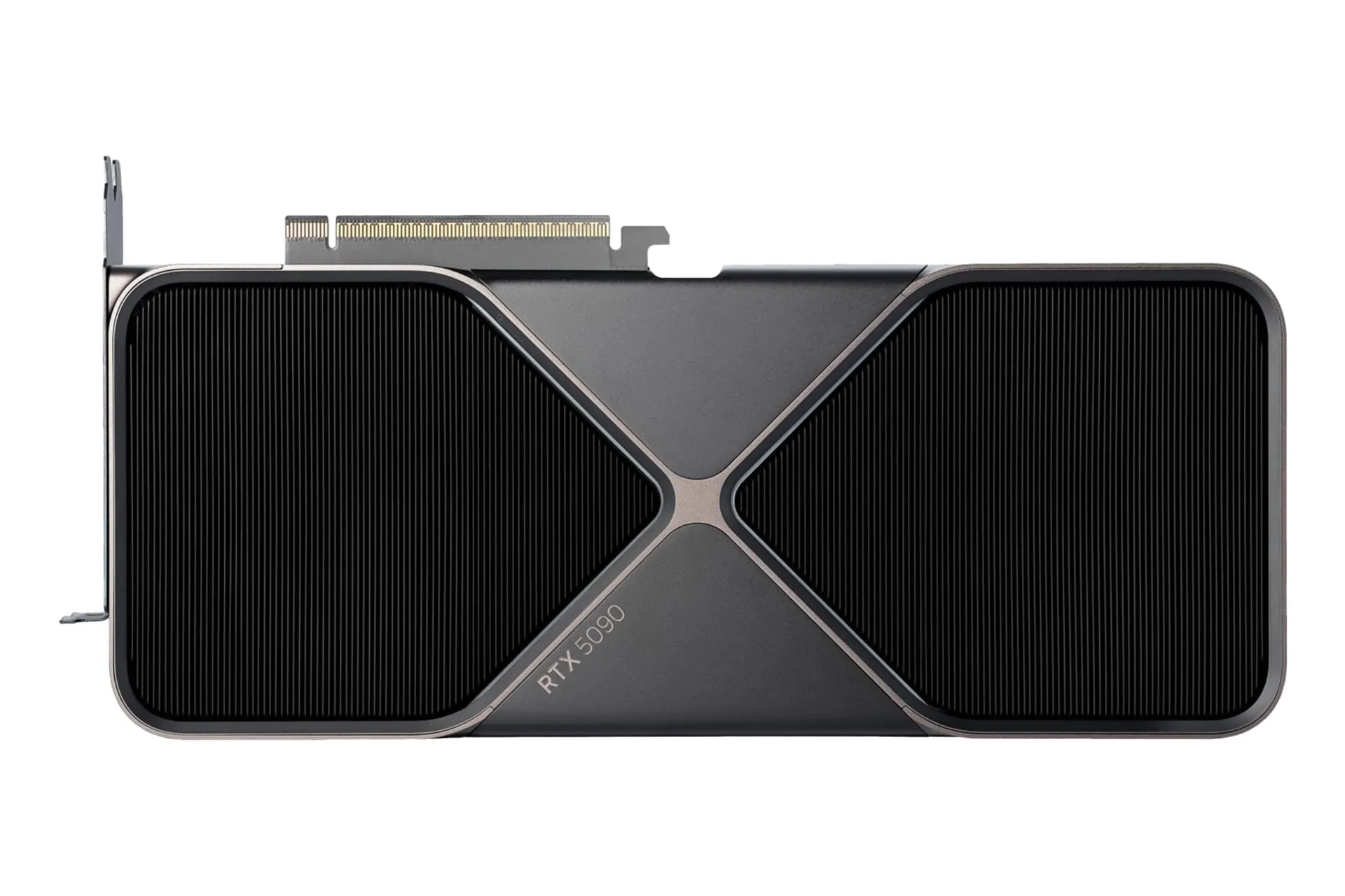 نمای بالای کارت گرافیک انویدیا جی فورس RTX 5090 با نمایش لوگو و هیت‌سینک