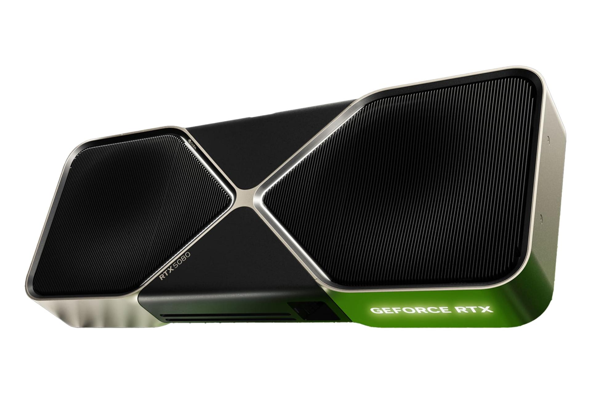 نمای نیمرخ کارت گرافیک انویدیا جی فورس RTX 5080 با نمایش هیت‌سینک و لوگو