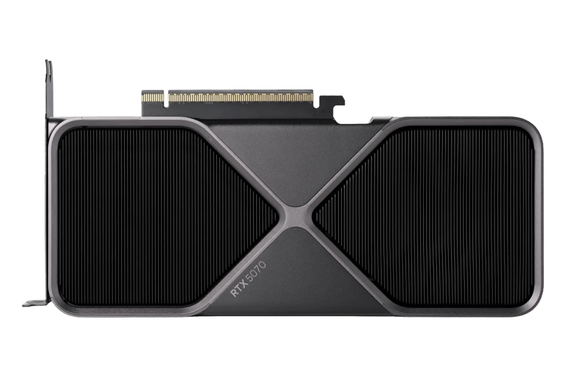 نمای بالای کارت گرافیک انویدیا جی فورس RTX 5070 با نمایش هیت‌سینک، لوگو و کانکتور PCIe