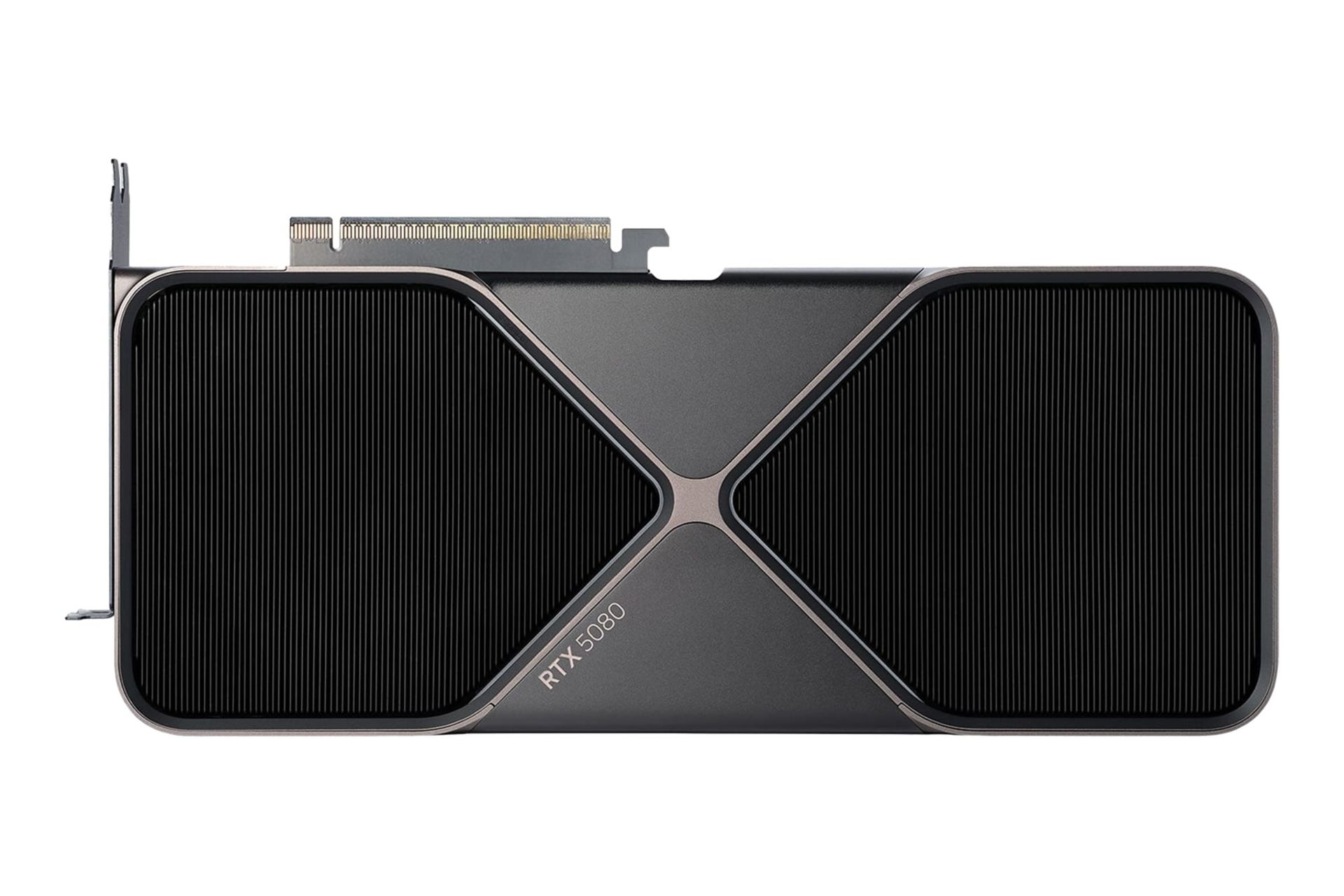 نمای بالای کارت گرافیک انویدیا جی فورس RTX 5080 با نمایش هیت‌سینک، لوگو و کانکتور PCIe