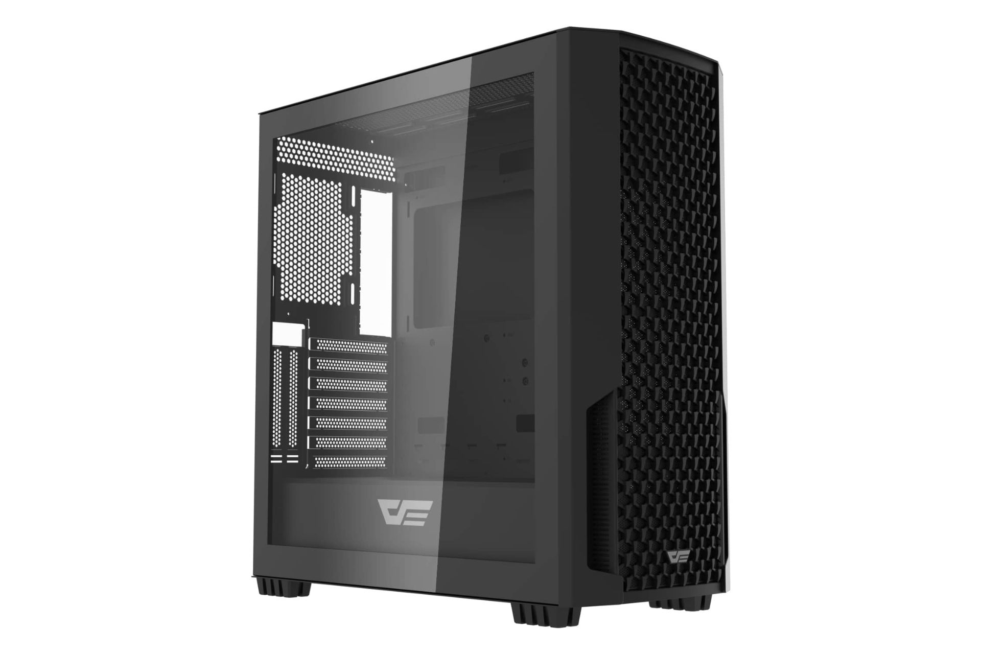 نمای نیمرخ کیس کامپیوتر دارک فلش DF2100 با نمایش پنل جلو و سمت چپ رنگ مشکی