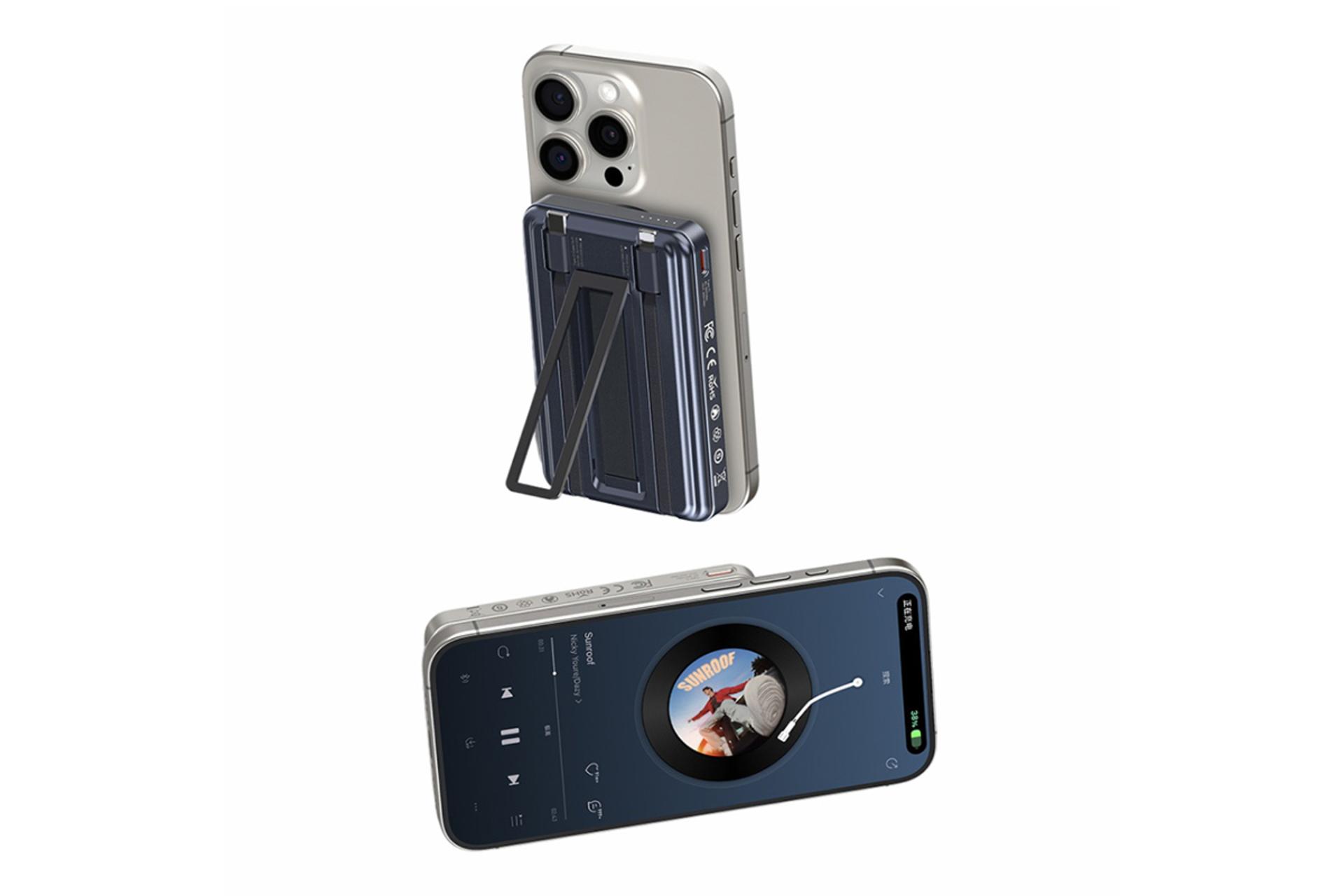 ابعاد پاور بانک رسی Recci RPB-W23 10000mAh در کنار موبایل