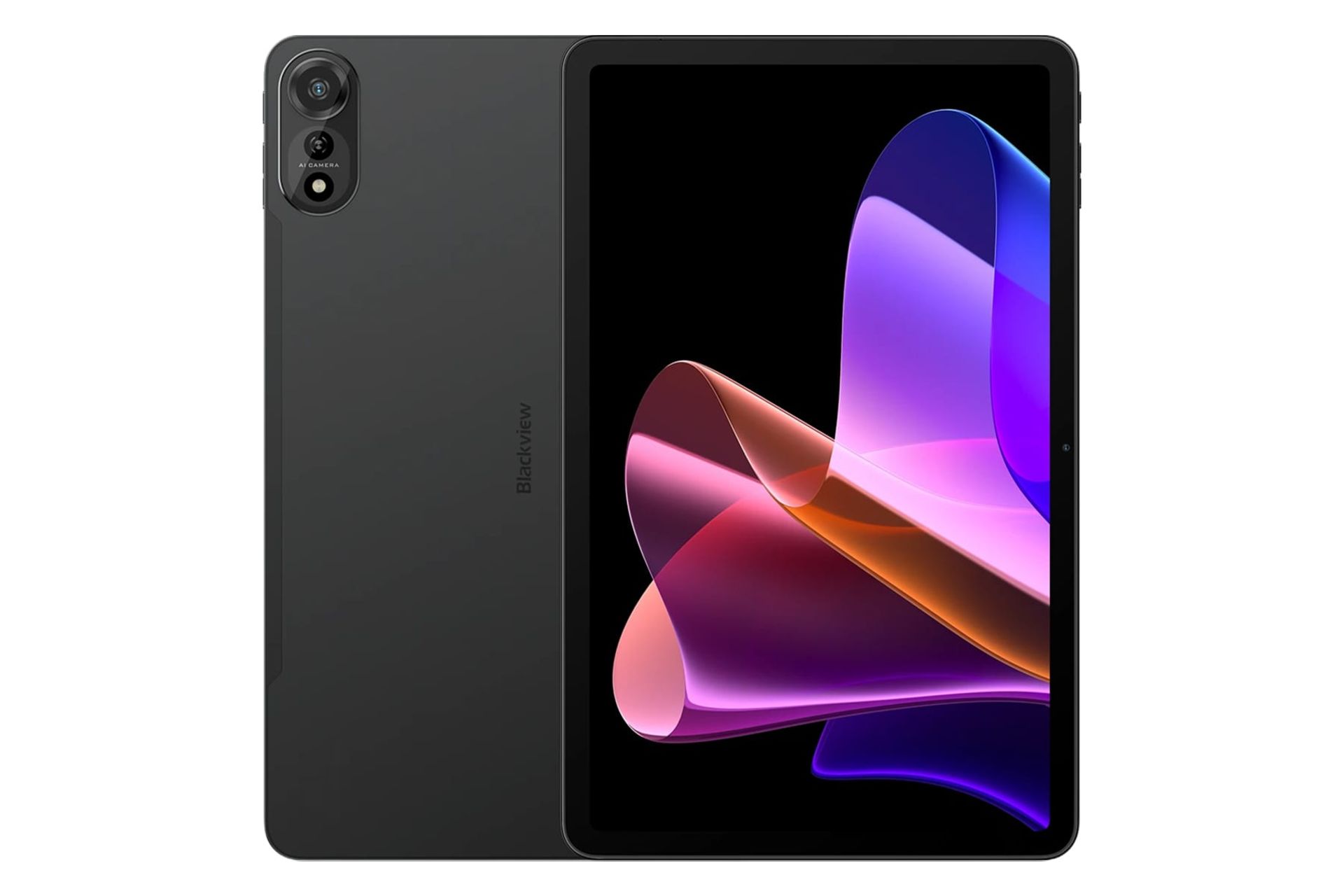 نمای کلی تبلت مگا 2 بلک ویو / Blackview Mega 2 با نمایشگر روشن و نمایش دوربین و لوگوی پنل پشت رنگ خاکستری تیره