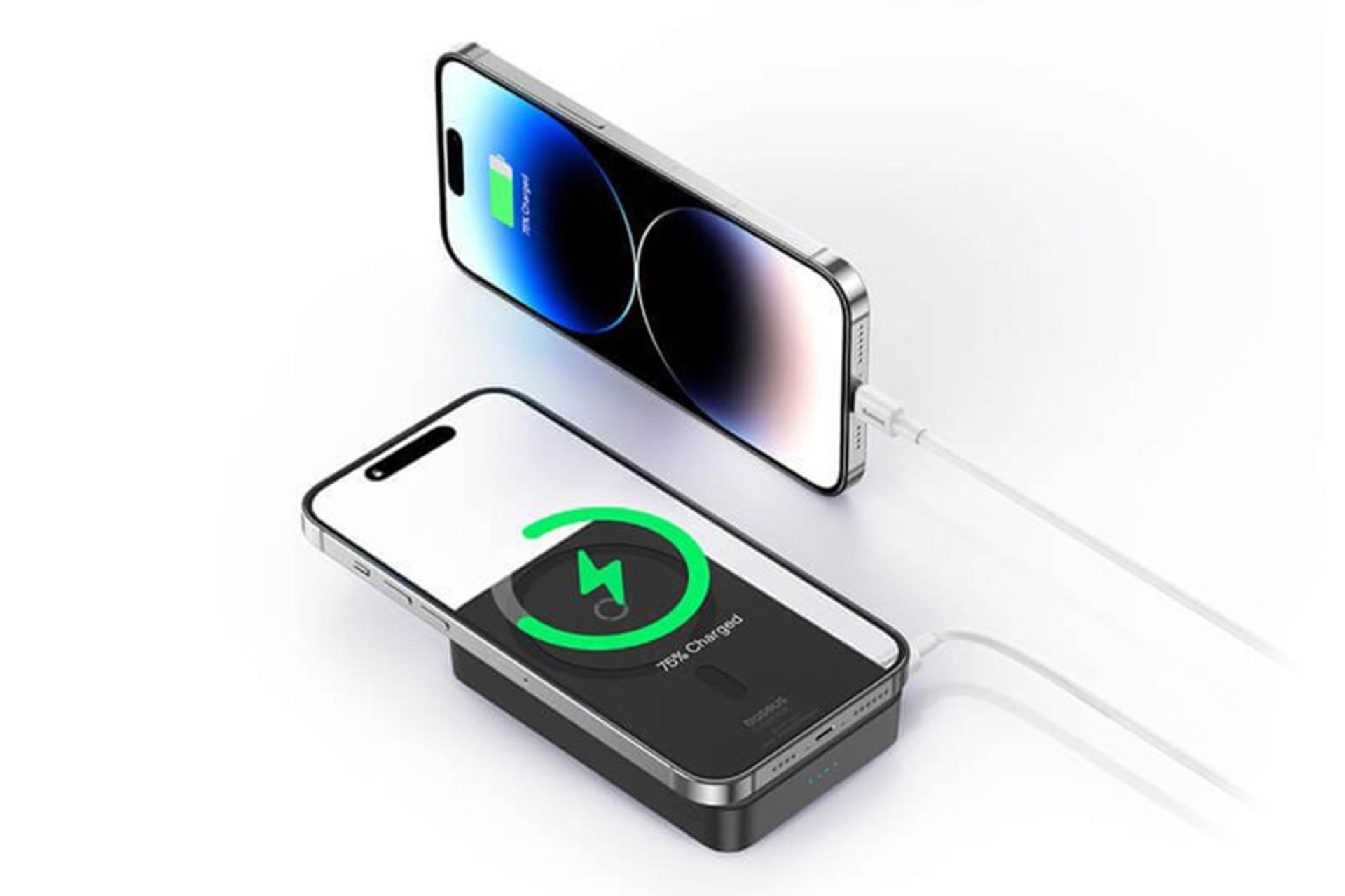 ابعاد پاور بانک باسئوس Baseus MagPro Magnetic Bracket 5000mAh در کنار موبایل