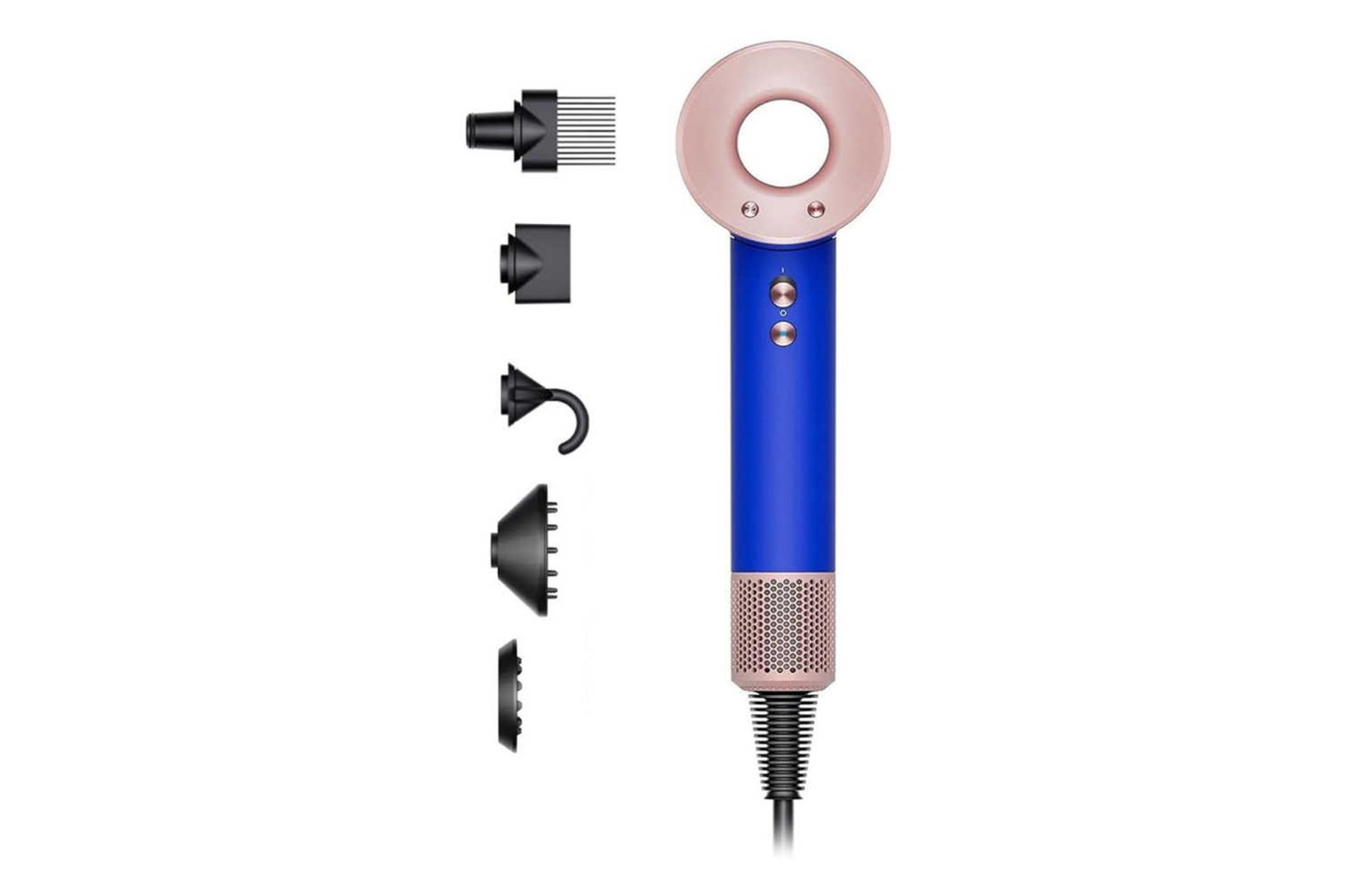 نمای جلوی سشوار دایسون Supersonic HD07 رنگ آبی به همراه سری دیفیوزر