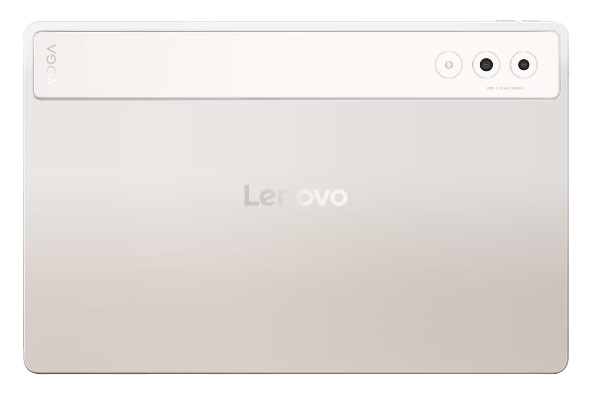 نمای پنل پشت تبلت یوگا تب پلاس لنوو / Lenovo Yoga Tab Plus با نمایش لوگو و دوربین پنل پشت رنگ سفید صدفی