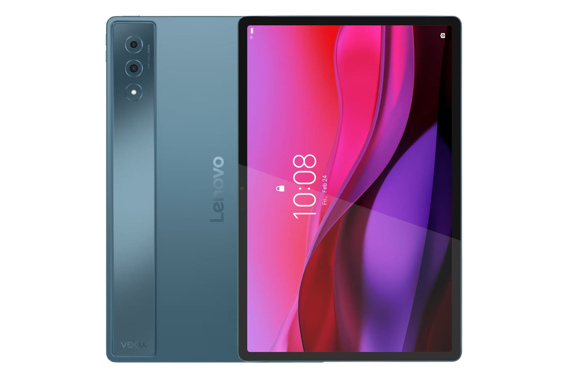 نمای کلی تبلت یوگا تب پلاس لنوو / Lenovo Yoga Tab Plus با نمایشگر روشن و نمایش لوگو و دوربین پنل پشت