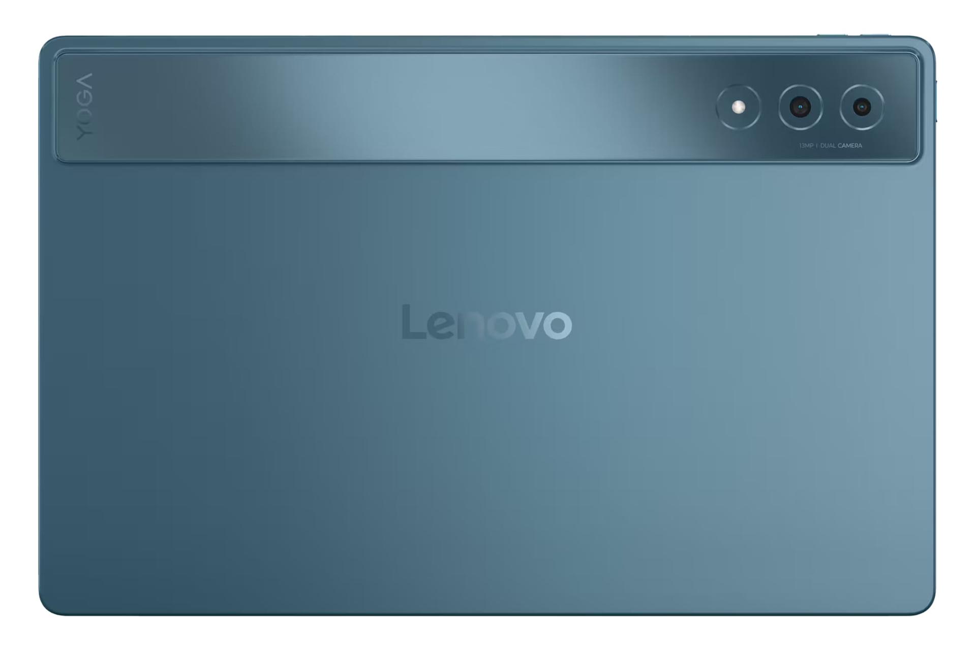 نمای پنل پشت تبلت یوگا تب پلاس لنوو / Lenovo Yoga Tab Plus با نمایش لوگو و دوربین پنل پشت رنگ آبی و سبز