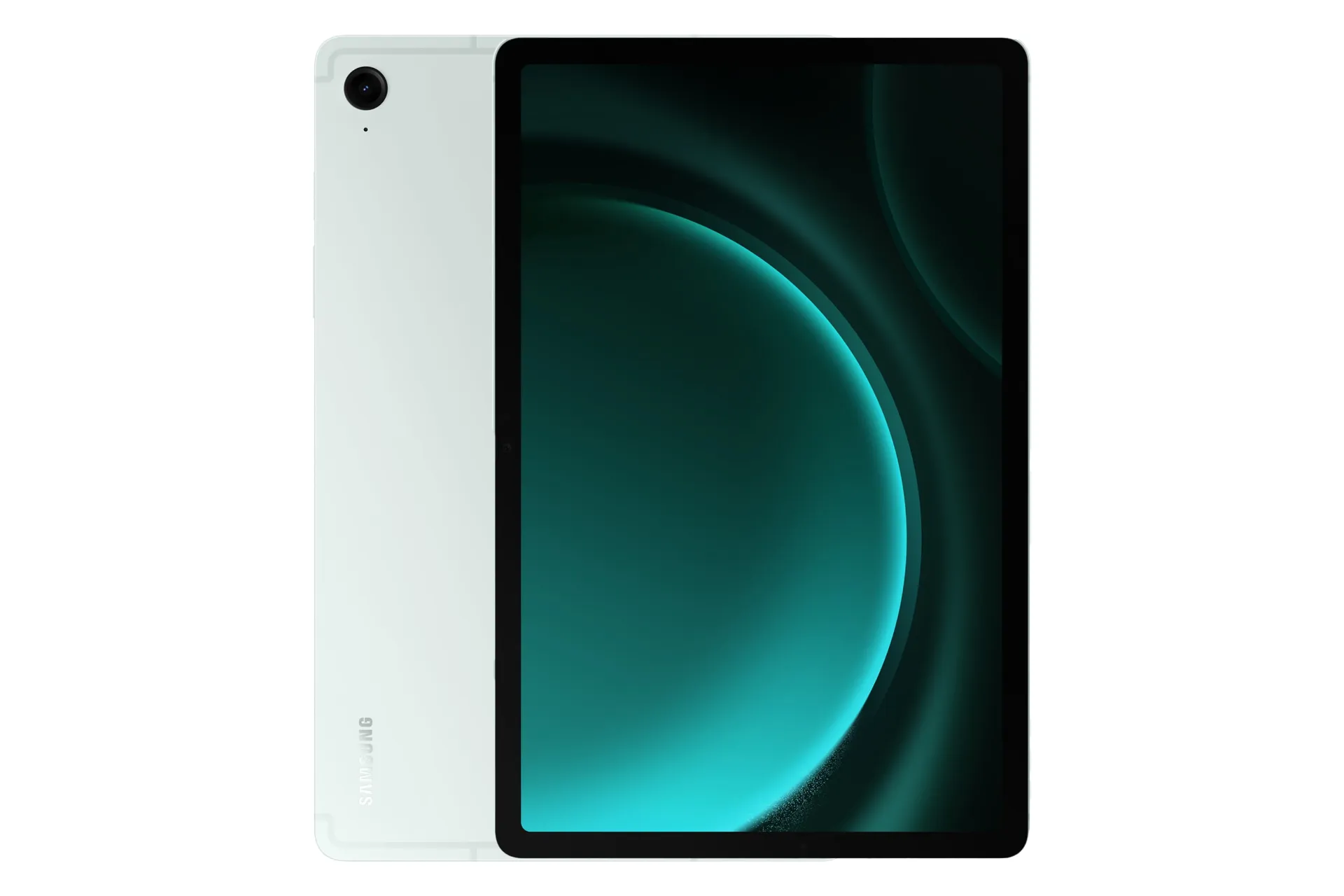 نمای کلی تبلت گلکسی تب S9 FE سامسونگ / Samsung Galaxy Tab S9 FE با نمایشگر روشن و نمایش دوربین و لوگوی پنل پشت