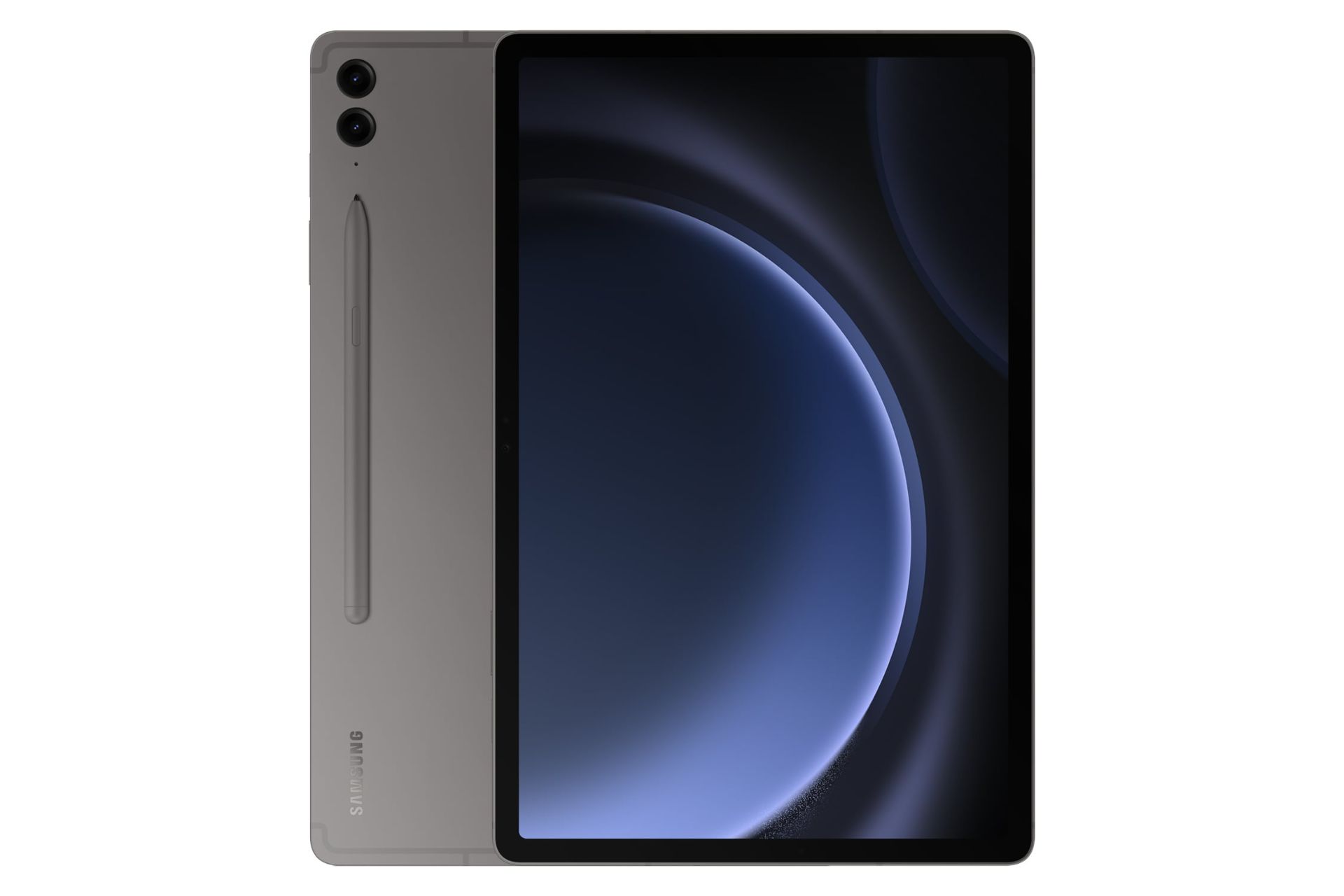 نمای کلی تبلت گلکسی تب S9 FE پلاس سامسونگ / Samsung Galaxy Tab S9 FE Plus با نمایشگر روشن و نمایش قلم S Pen، لوگو و دوربین پنل پشت