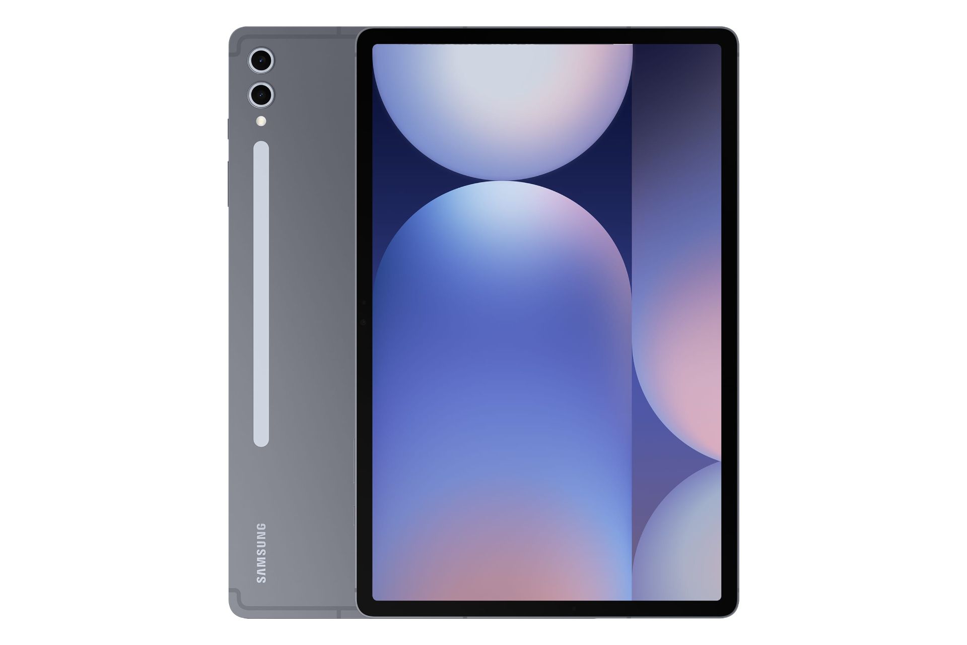 نمای کلی تبلت گلکسی تب اس 10 پلاس سامسونگ / Samsung Galaxy Tab S10 Plus با نمایشگر روشن و نمایش لوگو و دوربین پنل پشت