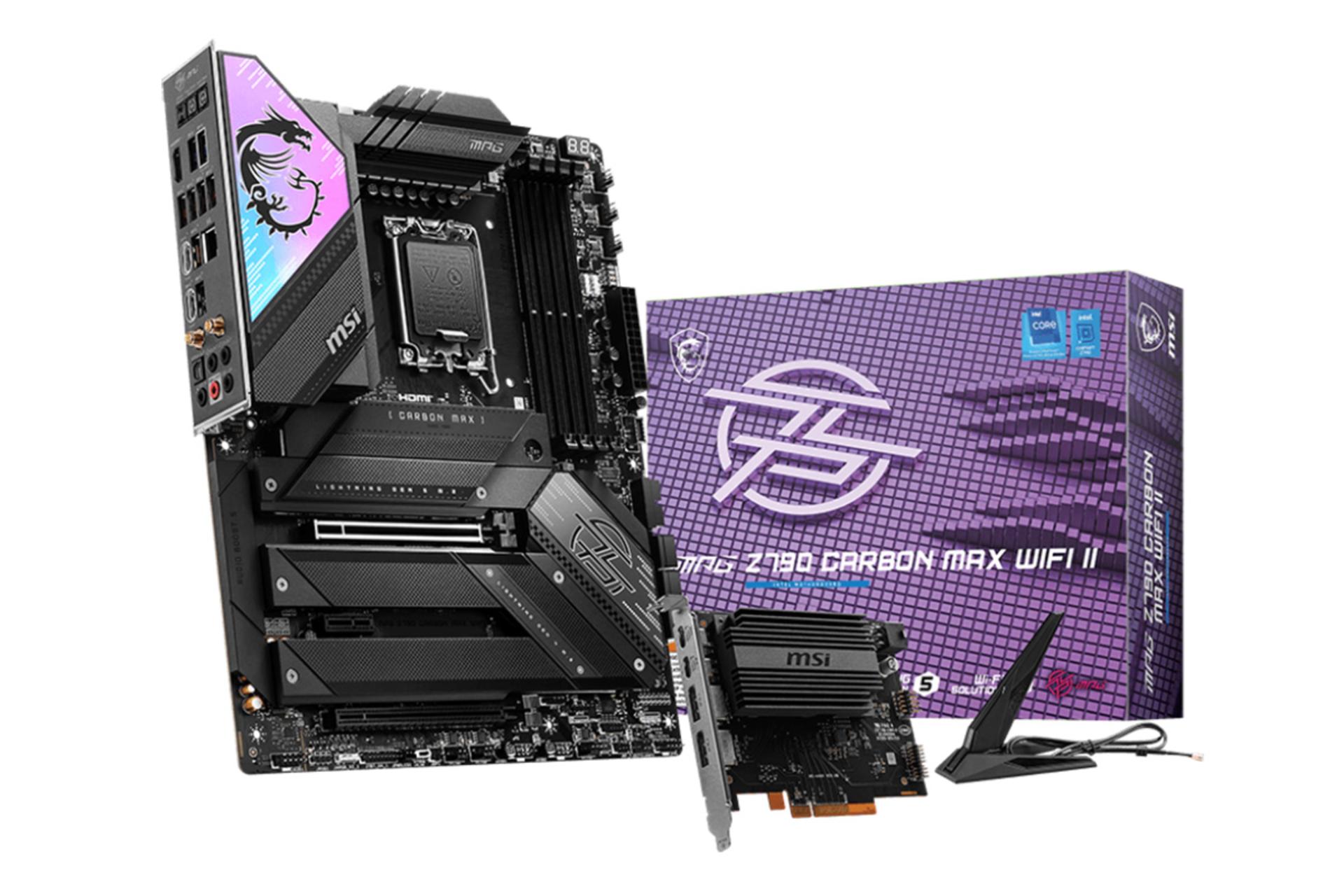 مادربرد ام اس آی MSI MPG Z790 CARBON MAX WIFI II به همراه جعبه، کارت توسعه USB4 و آنتن وای فای