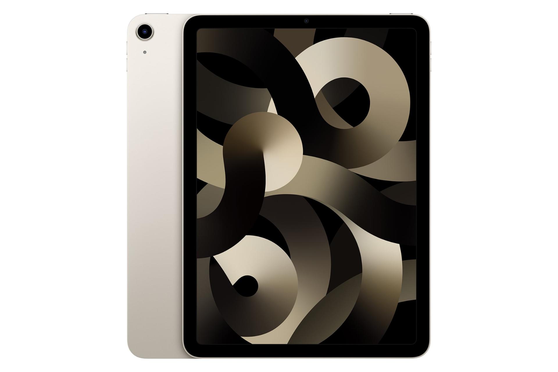 نمای کلی تبلت آیپد ایر 2022 اپل / Apple iPad Air 2022 با نمایشگر روشن و نمایش دوربین پنل پشت رنگ کرم