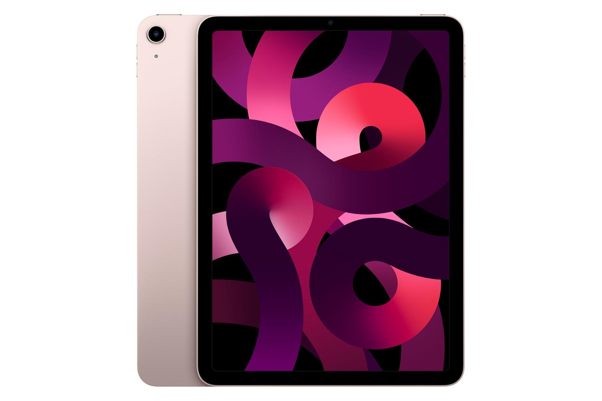 نمای کلی تبلت آیپد ایر 2022 اپل / Apple iPad Air 2022 با نمایشگر روشن و نمایش دوربین پنل پشت رنگ صورتی