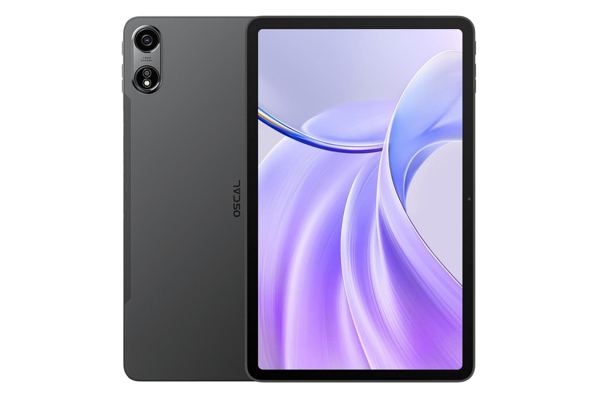 نمای کلی تبلت اسکال پد 100 بلک ویو / Blackview Oscal Pad 100 با نمایشگر روشن و نمایش لوگو و دوربین پنل پشت