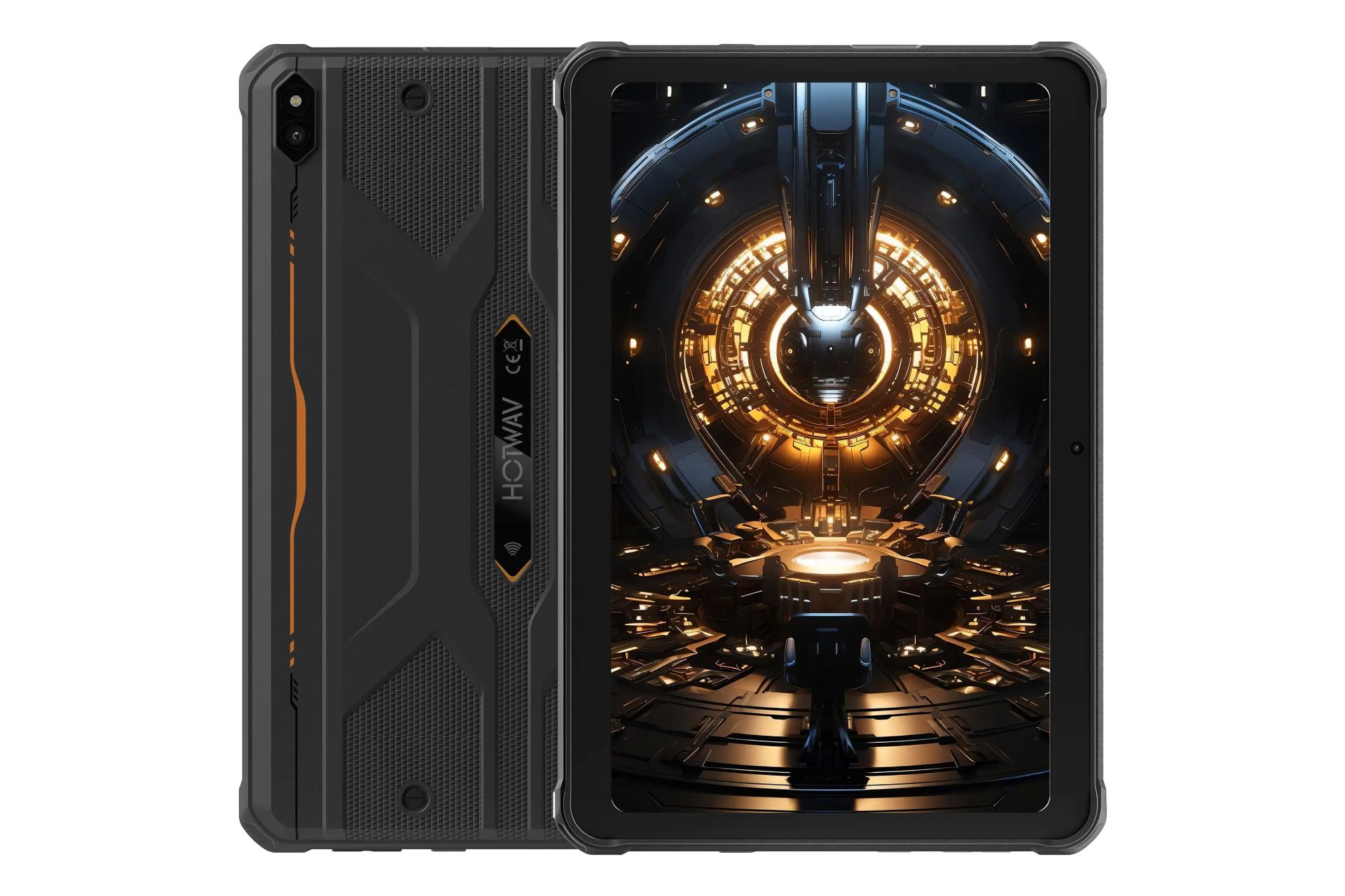 نمای کلی تبلت R10 پرو هات ویو / HOTWAV R10 Pro با نمایشگر روشن و نمایش دوربین و لوگوی پنل پشت