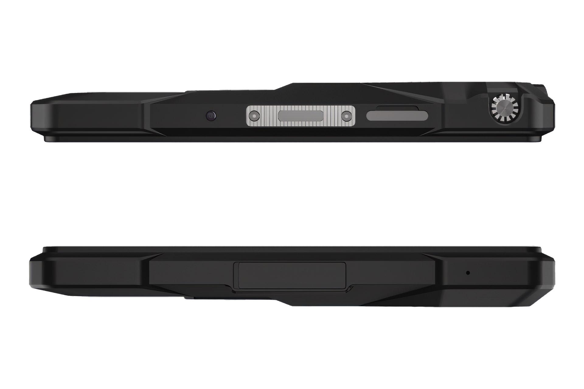 نمای لبه های کناری تبلت یونی هرتز Tank Pad E با نمایشگر روشن و نمایش لبه های بالا و پایین