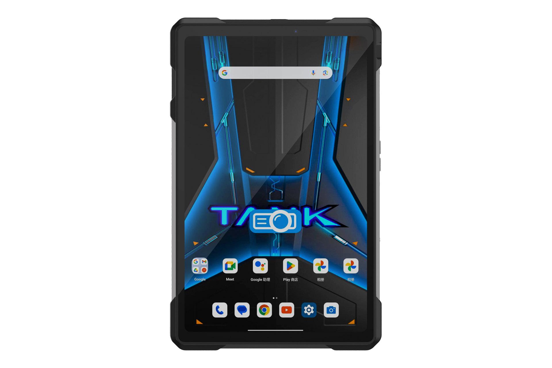 نمای رو به روی تبلت یونی هرتز Tank Pad E با نمایشگر روشن و نمایش حاشیه های نمایشگر و دوربین سلفی