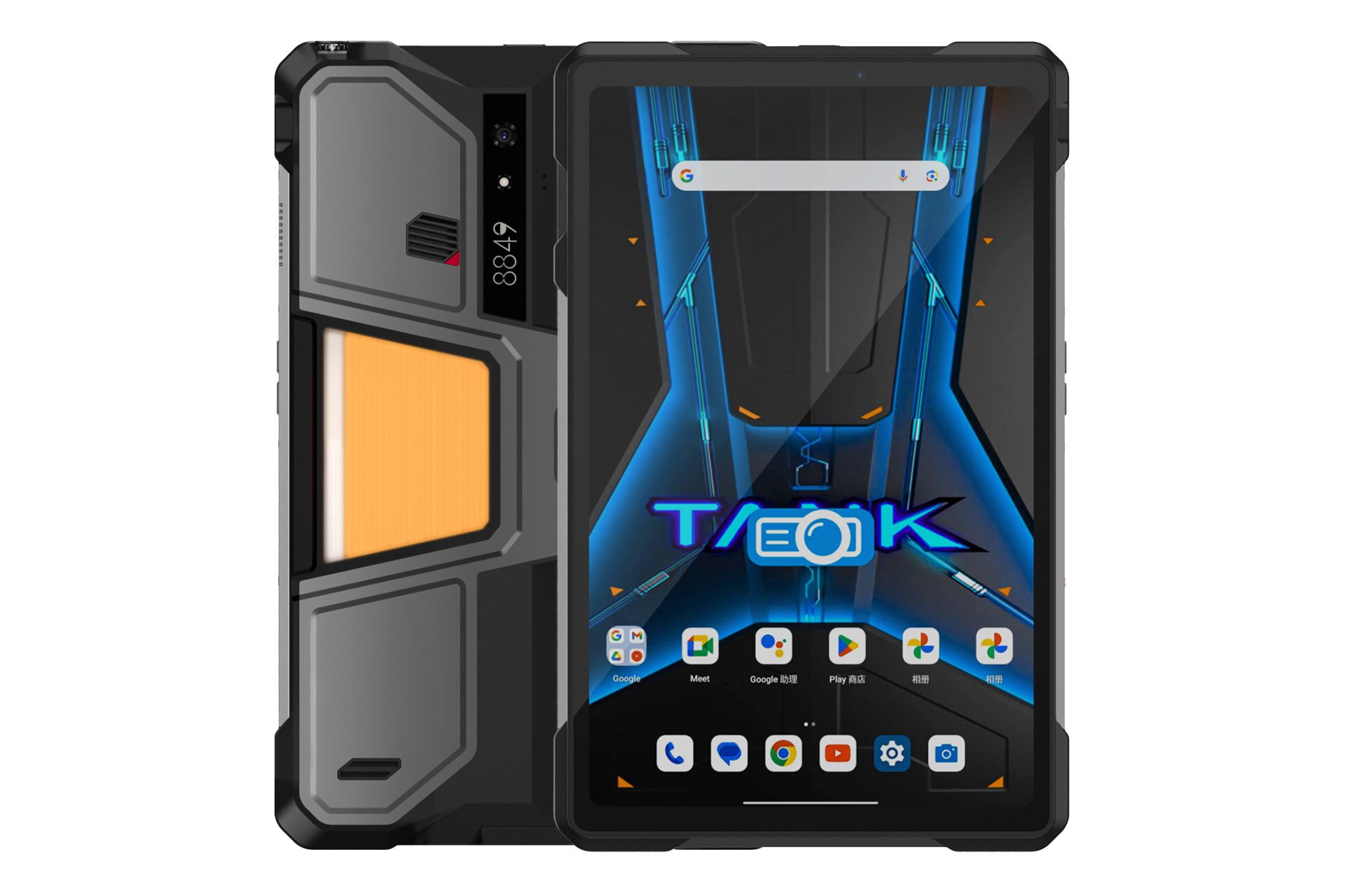 نمای کلی تبلت یونی هرتز Tank Pad E با نمایشگر روشن و نمایش دوربین و لوگوی پنل پشت