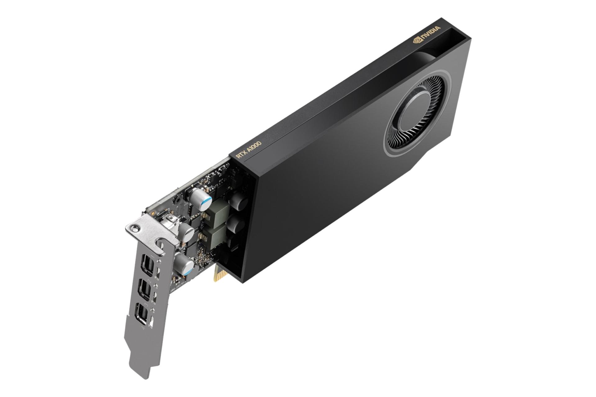 نمای لبه کناری کارت گرافیک انویدیا RTX A1000 با نمایش لوگو و براکت پشت