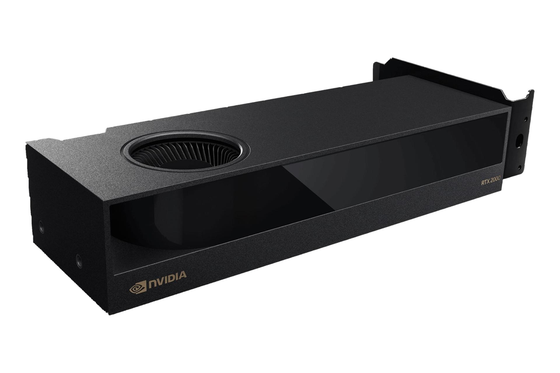 نمای نیمرخ کارت گرافیک انویدیا RTX 2000 Ada Generation با نمایش فن، لوگوها و ضخامت کارت