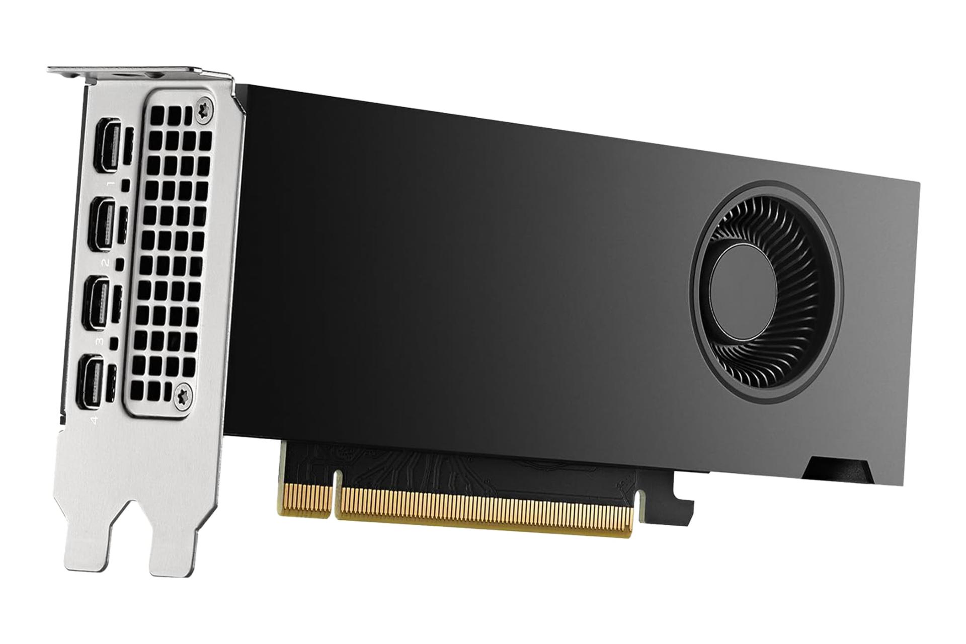 نمای نیمرخ کارت گرافیک انویدیا RTX 2000 Ada Generation با نمایش فن و کانکتور PCIe همراه با براکت Low-Profile