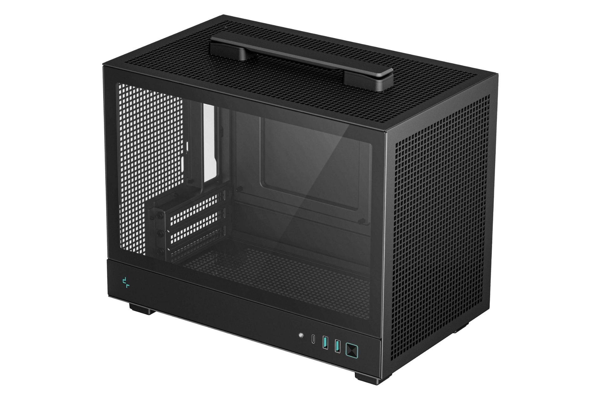 نمای نیمرخ کیس کامپیوتر دیپ کول CH160 با نمایش پنل کناری، جلو و بالا رنگ مشکی