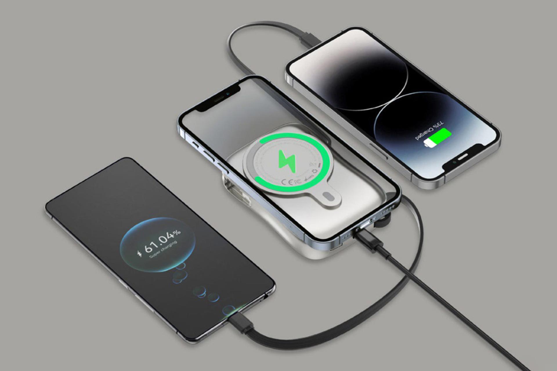 نمای کناری پاور بانک گرین لیون Green Lion MagPulse 10000mAh درحال شارژ گوشی