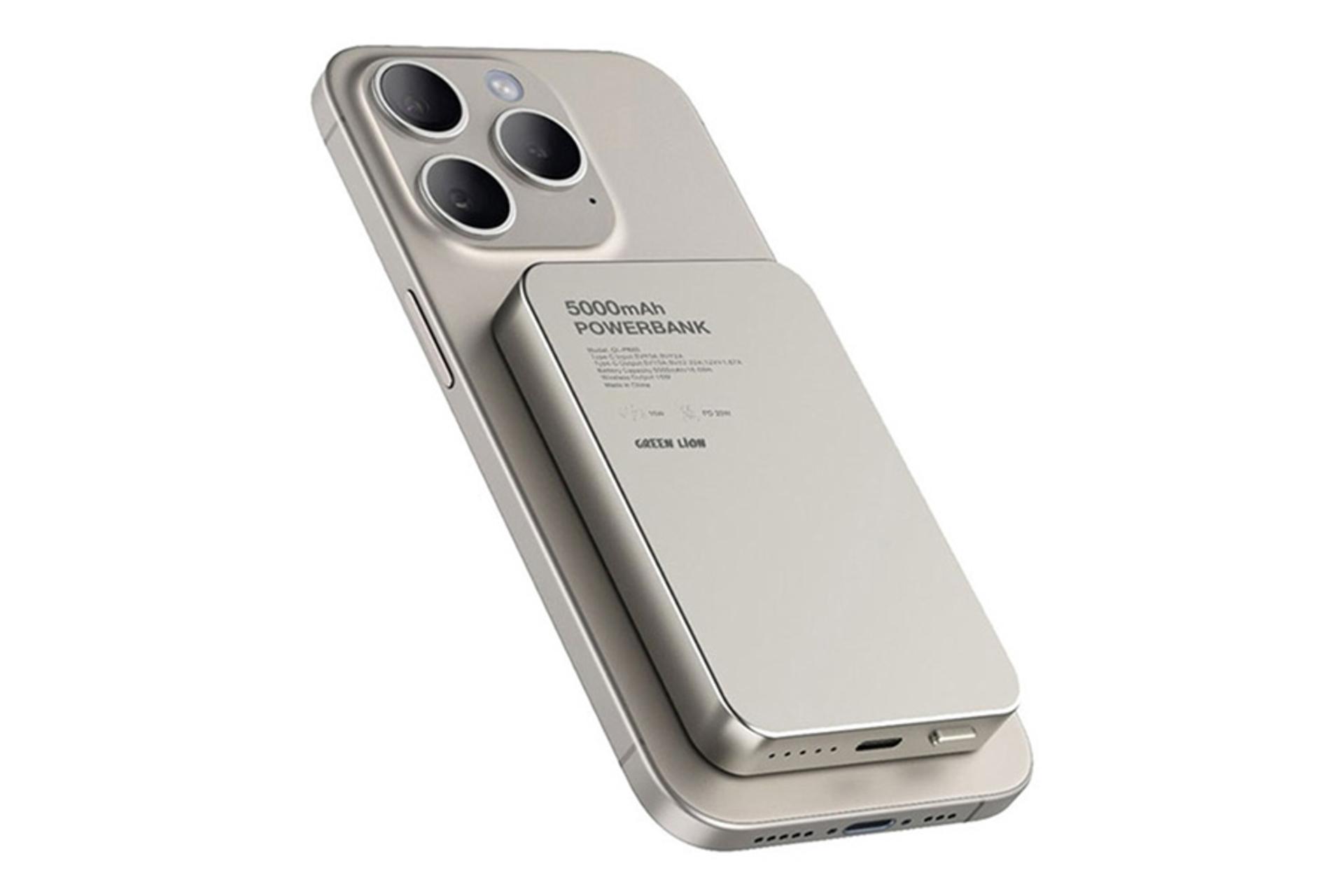 نمای کناری پاور بانک گرین لیون Green Lion GL-MAG 5 5000mAh درحال شارژ گوشی