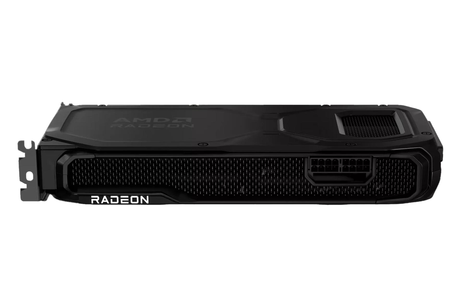 نمای لبه کناری و بک‌پلیت کارت گرافیک AMD رادئون RX 9070 با نمایش درگاه‌های برق، هیت‌سینک و لوگو