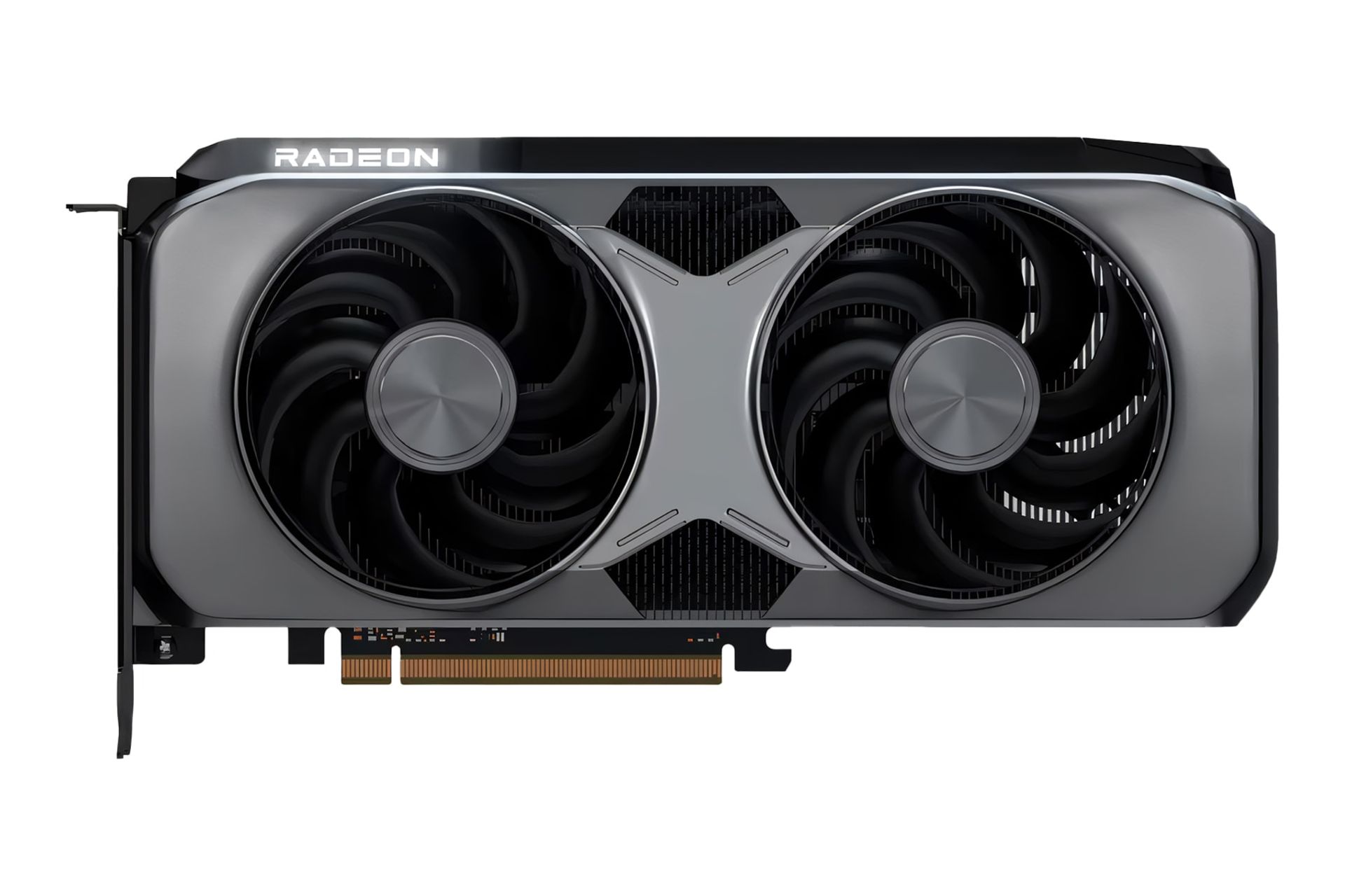 نمای زیرین کارت گرافیک AMD رادئون RX 9070 با نمایش فن‌ها، لوگو و کانکتور PCIe