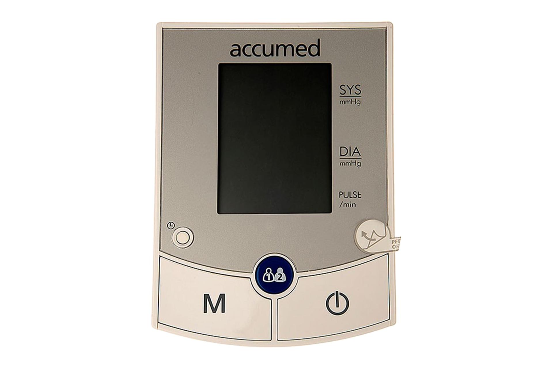 نمای روبه‌روی دستگاه فشار خون اکیومد AF701f با نمایش دکمه‌ها و لوگو