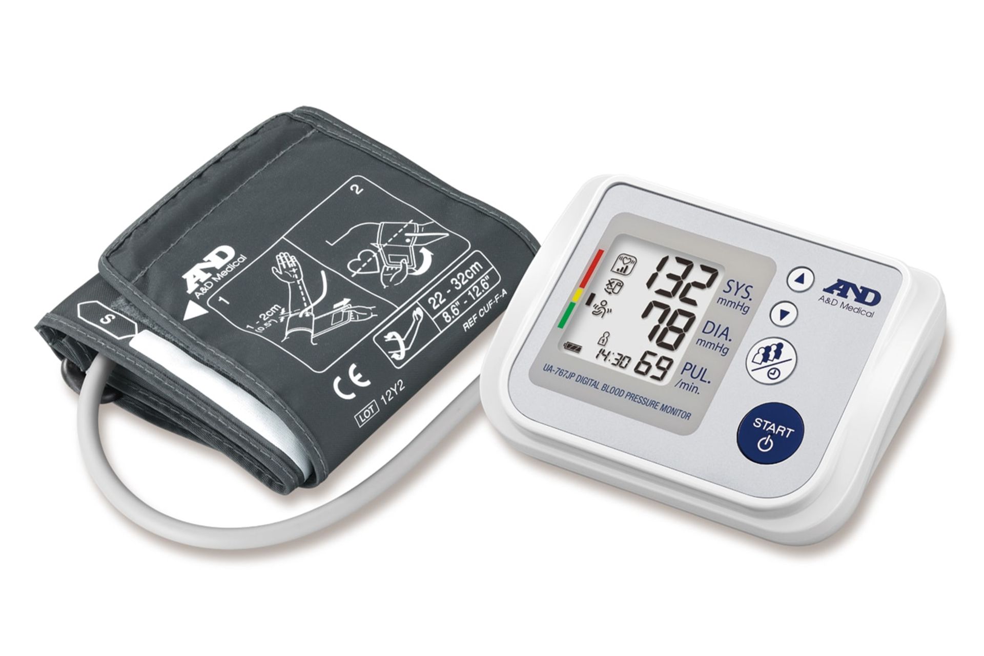 نمای کلی دستگاه فشار خون ای ان دی UA-767JP با نمایشگر روشن و نمایش کاف و شلنگ هوا