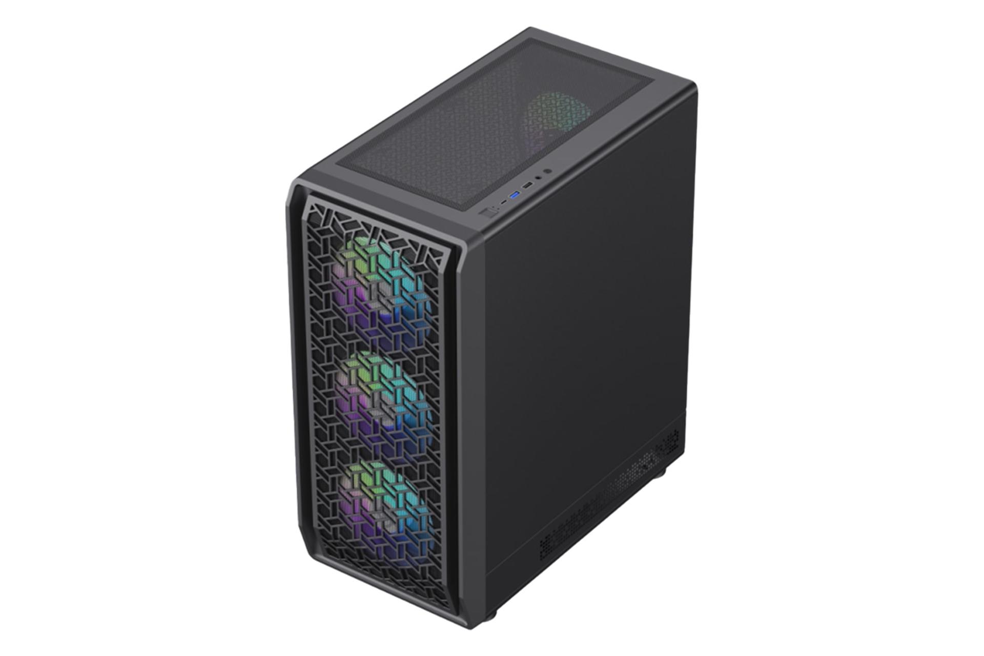 نمای نیمرخ پنل جلو کیس کامپیوتر گیم‌ مکس Forge AB با نمایش درگاه و دکمه‌های پنل بالا