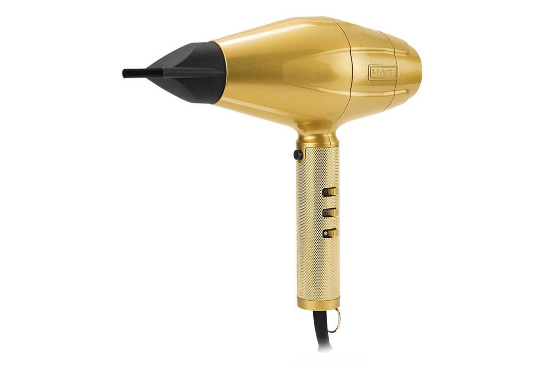 نمای جلوی سشوار بابیلیس پرو FXBD به همراه سری متمرکزکننده رنگ طلایی