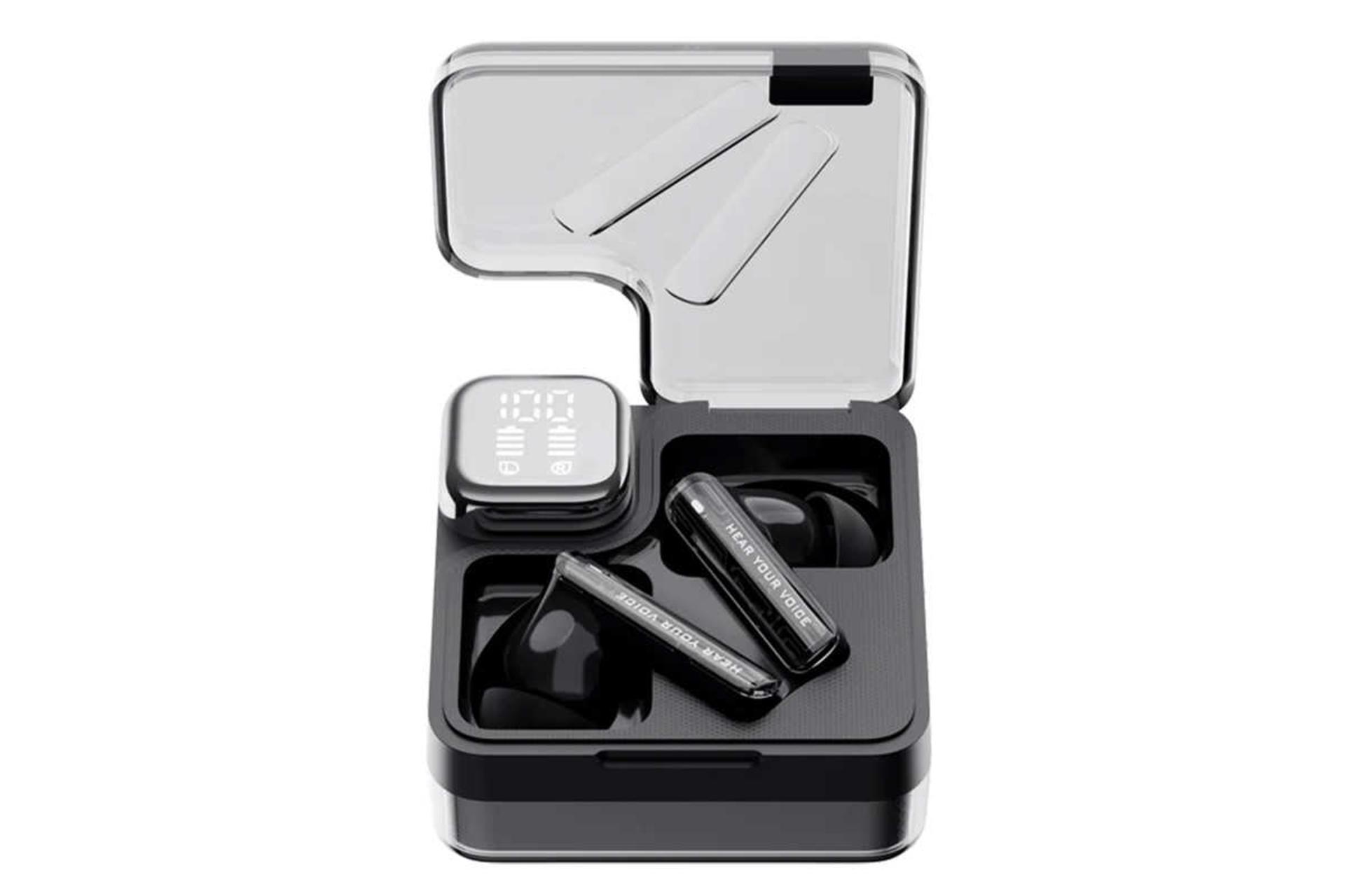 نمای جلوی ایرباد بی سیم کیو سی وای MeloBuds Neo رنگ مشکی