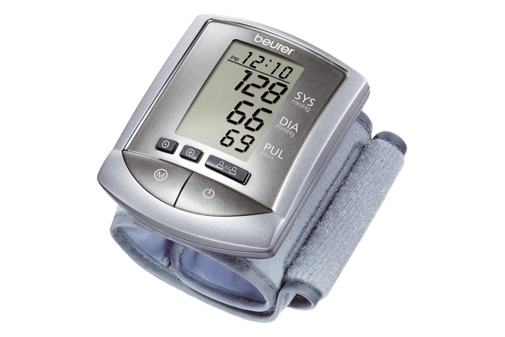 نمای کلی دستگاه فشار خون بیورر BC 16 با نمایشگر روشن، نمایش کاف و لوگو