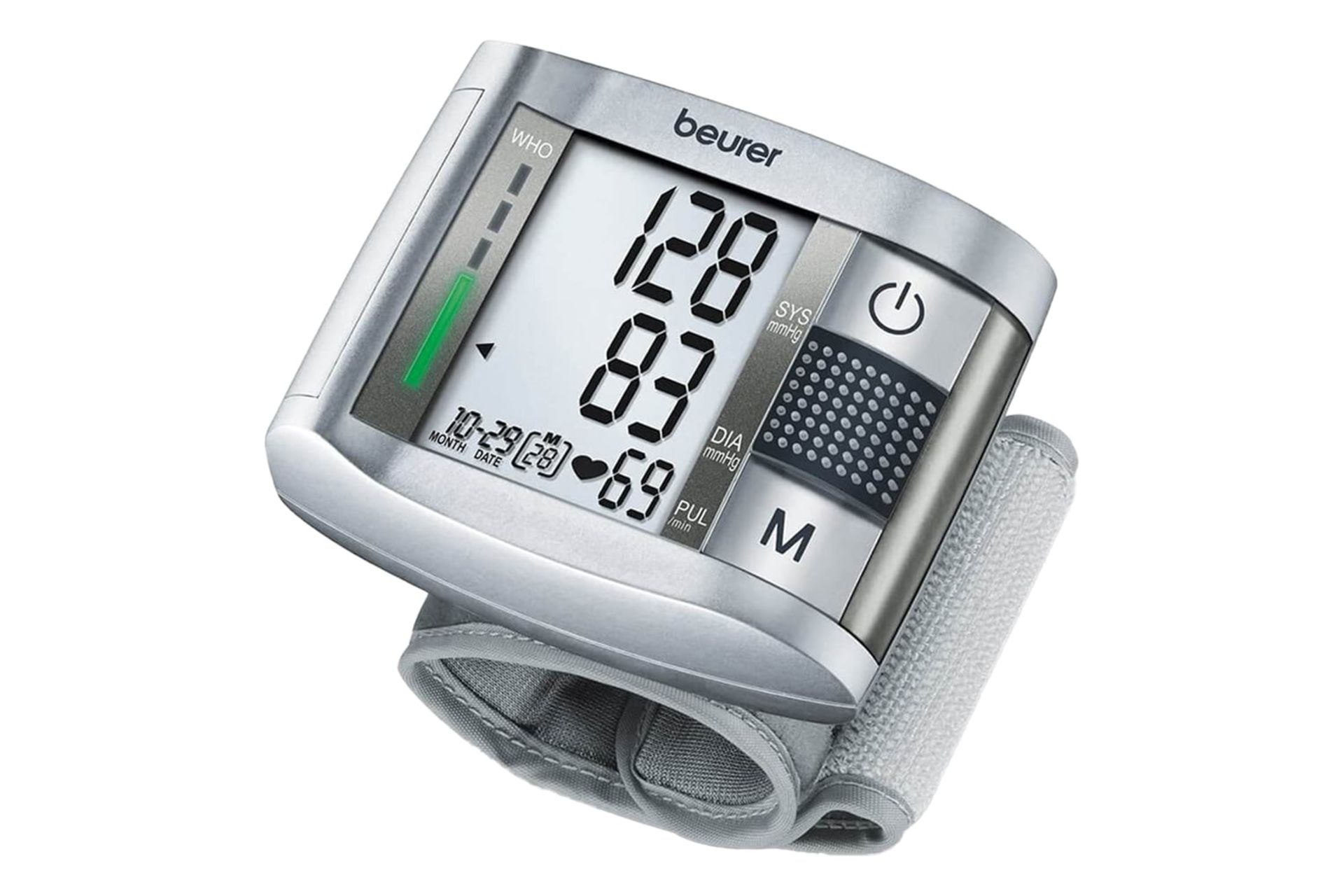 نمای کلی دستگاه فشار خون بیورر BC 19 با نمایشگر روشن، نمایش کاف و لوگو