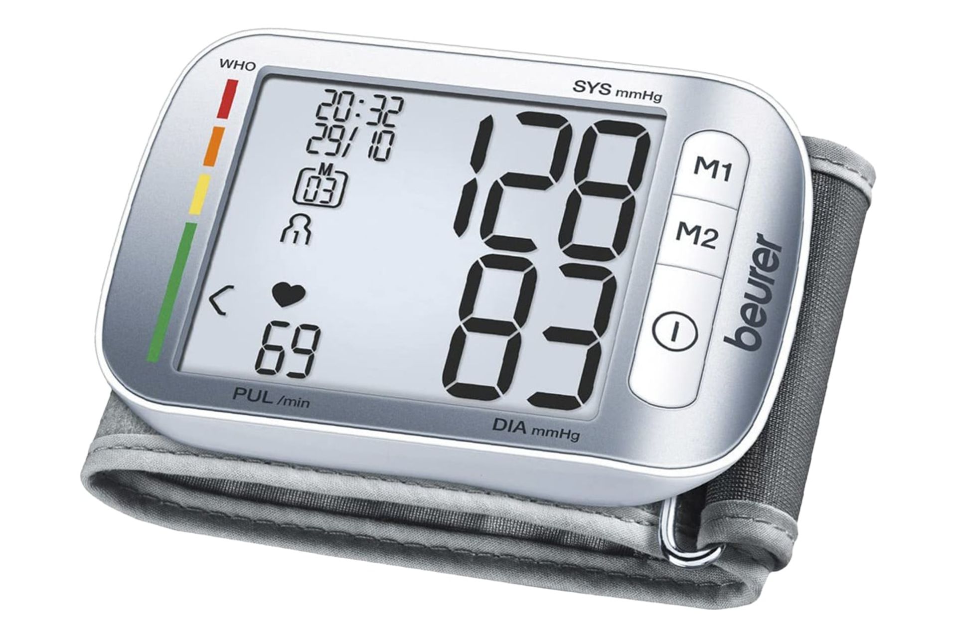 نمای کلی دستگاه فشار خون بیورر BC 50 با نمایشگر روشن، نمایش کاف و لوگو